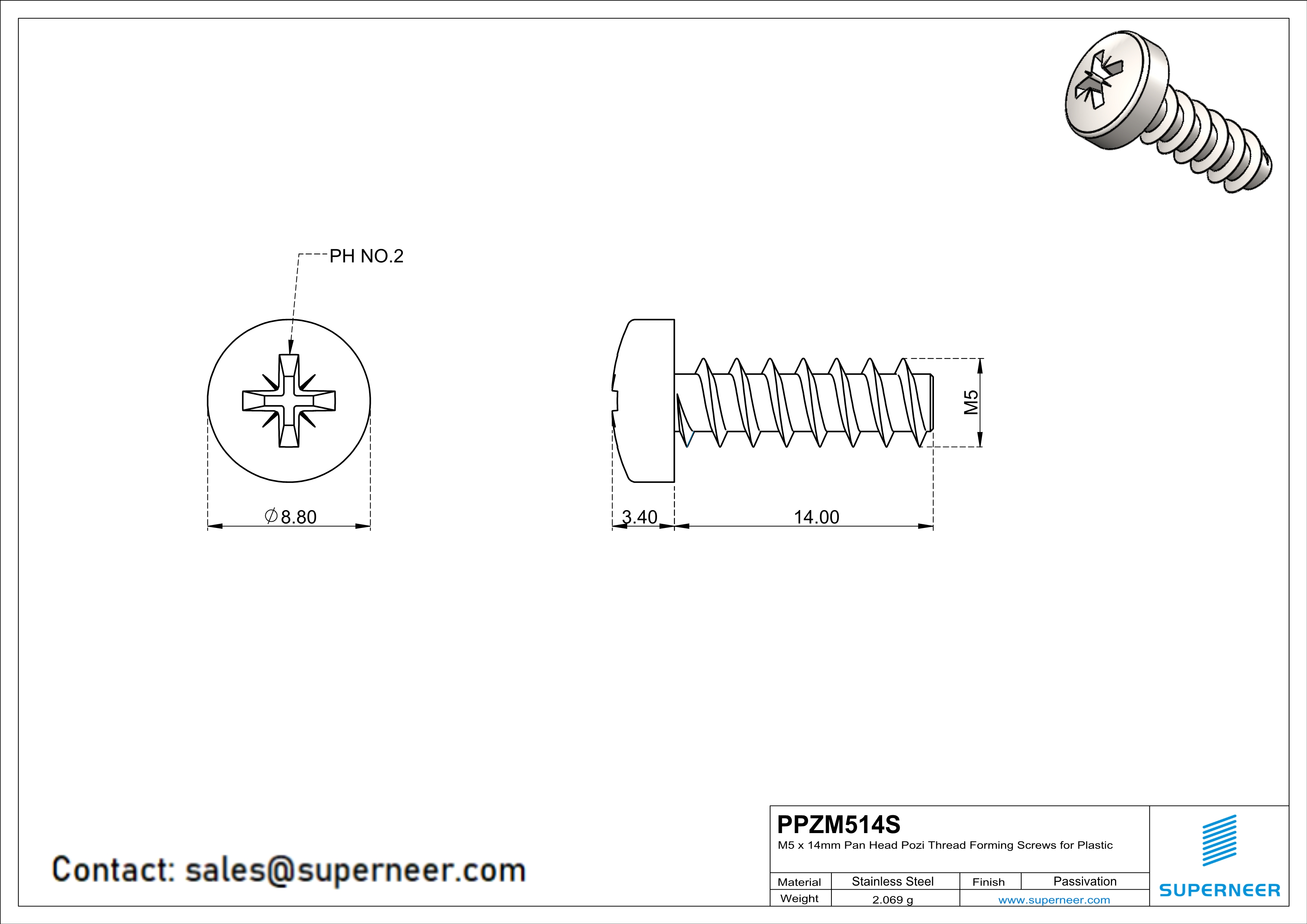 M5 × 14mm  Pan Head Pozi Thread Foming Screws for Plastic SUS304 Stainless Steel Inox