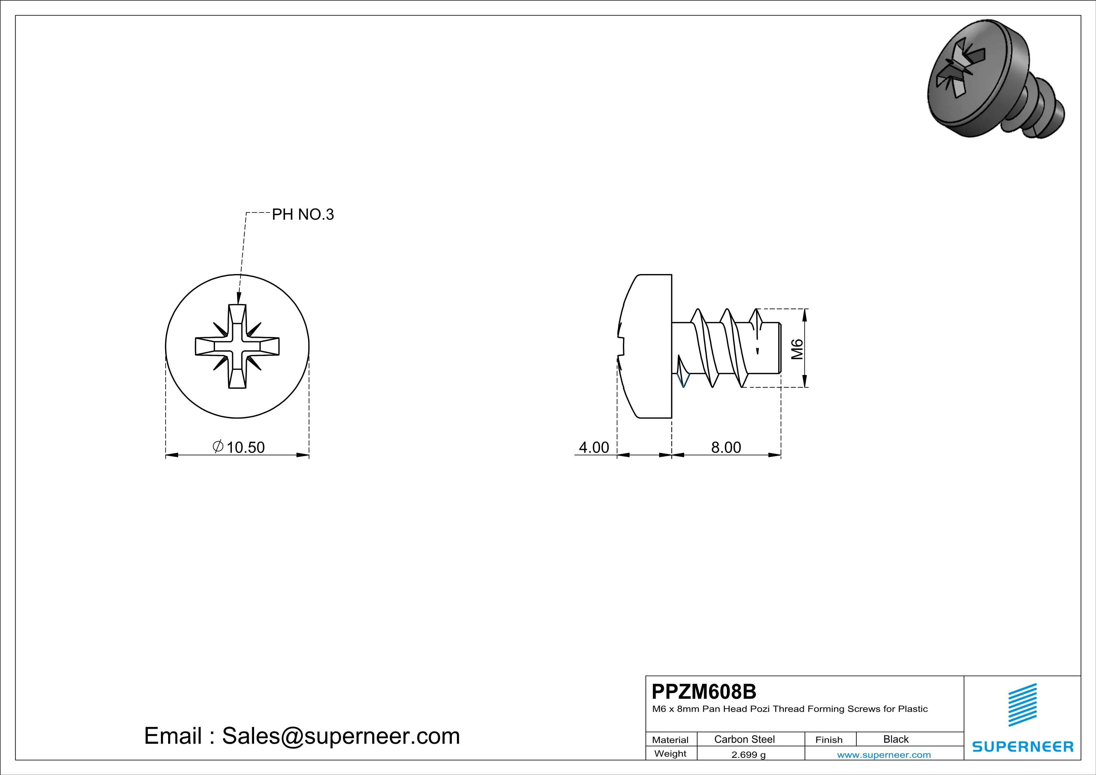 M6 × 8mm  Pan Head Pozi Thread Foming Screws for Plastic   Steel Black