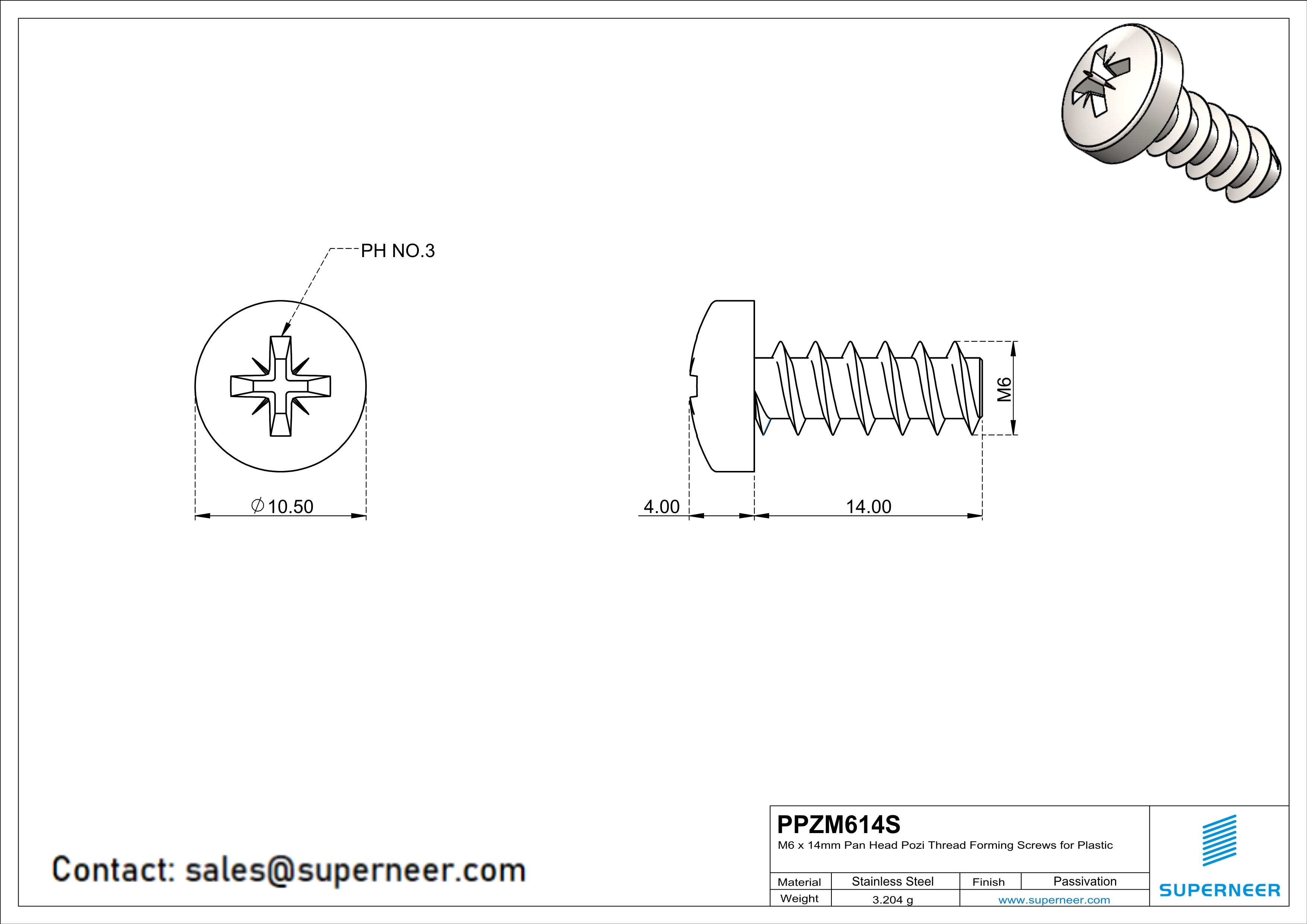 M6 × 14mm  Pan Head Pozi Thread Foming Screws for Plastic SUS304 Stainless Steel Inox