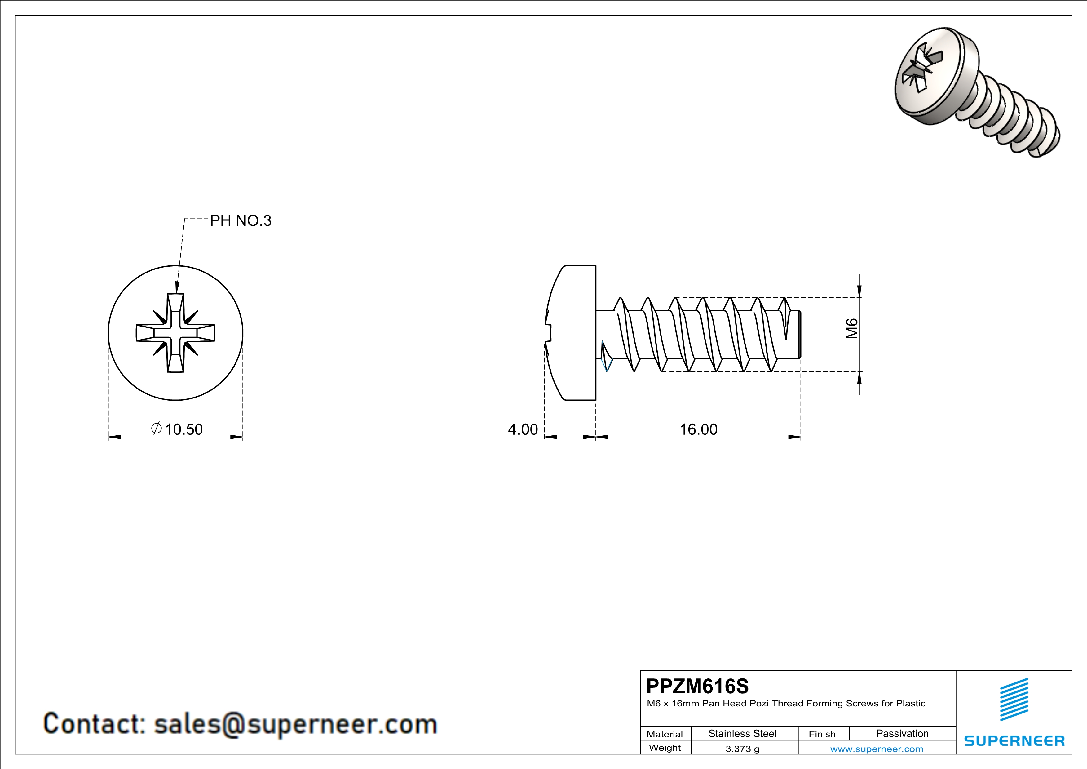 M6 × 16mm  Pan Head Pozi Thread Foming Screws for Plastic SUS304 Stainless Steel Inox