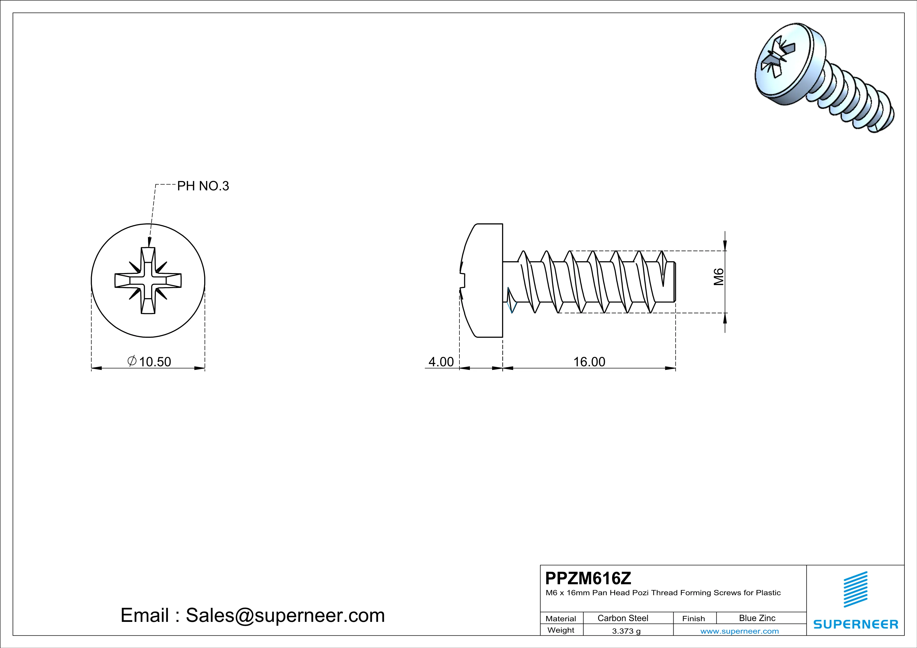 M6 × 16mm  Pan Head Pozi Thread Foming Screws for Plastic   Steel Blue Zinc Plated