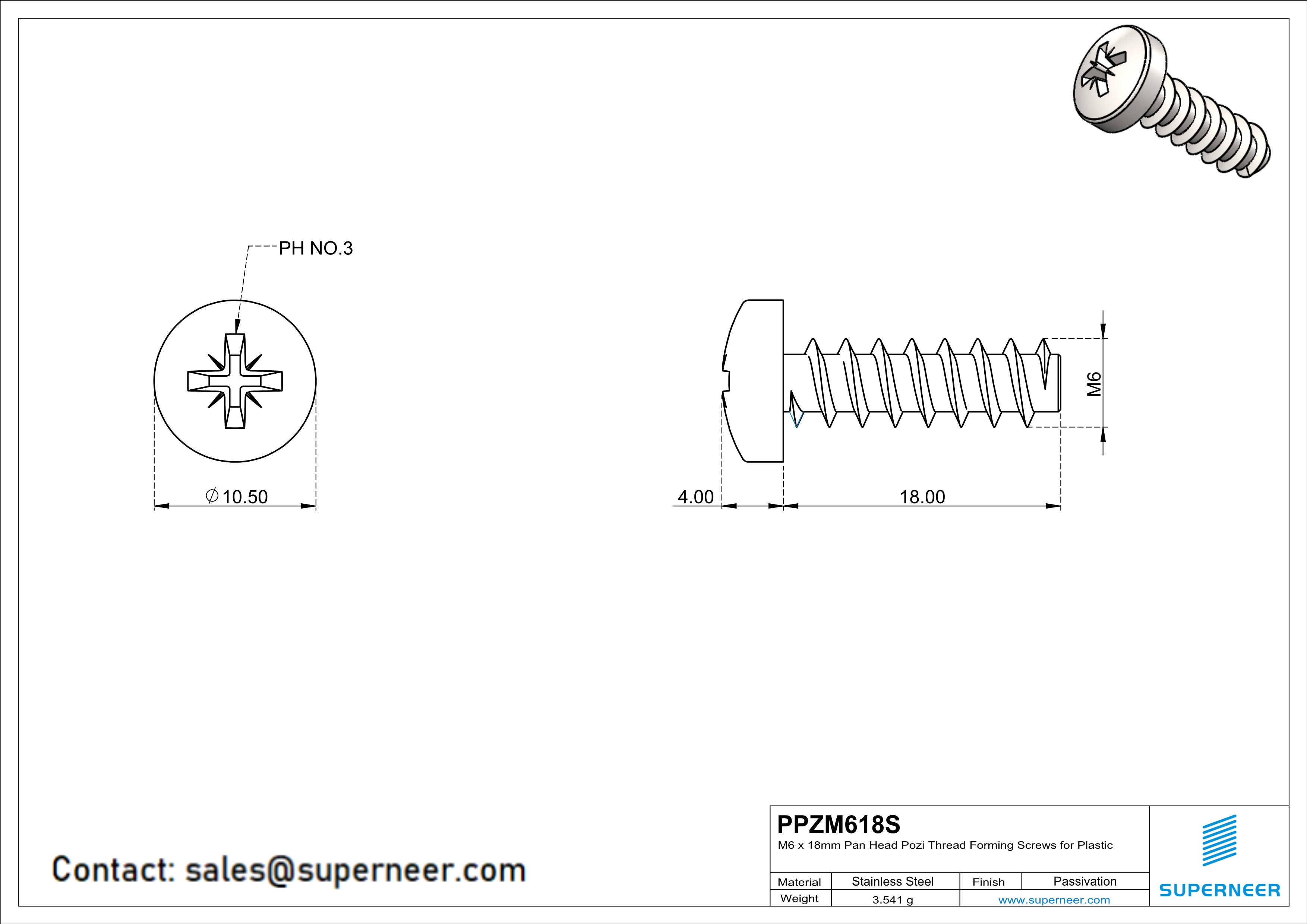 M6 × 18mm  Pan Head Pozi Thread Foming Screws for Plastic SUS304 Stainless Steel Inox