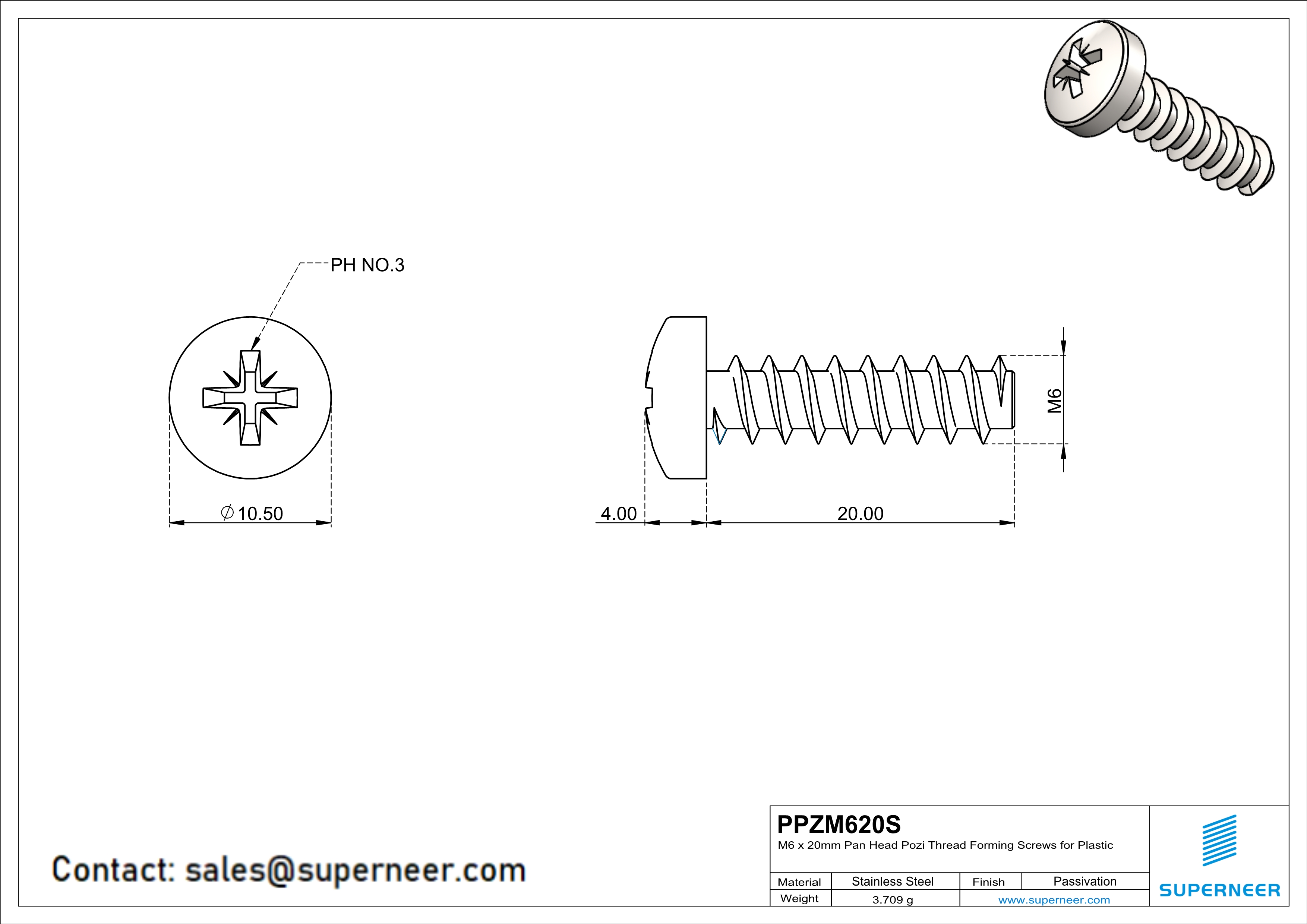 M6 × 20mm  Pan Head Pozi Thread Foming Screws for Plastic SUS304 Stainless Steel Inox