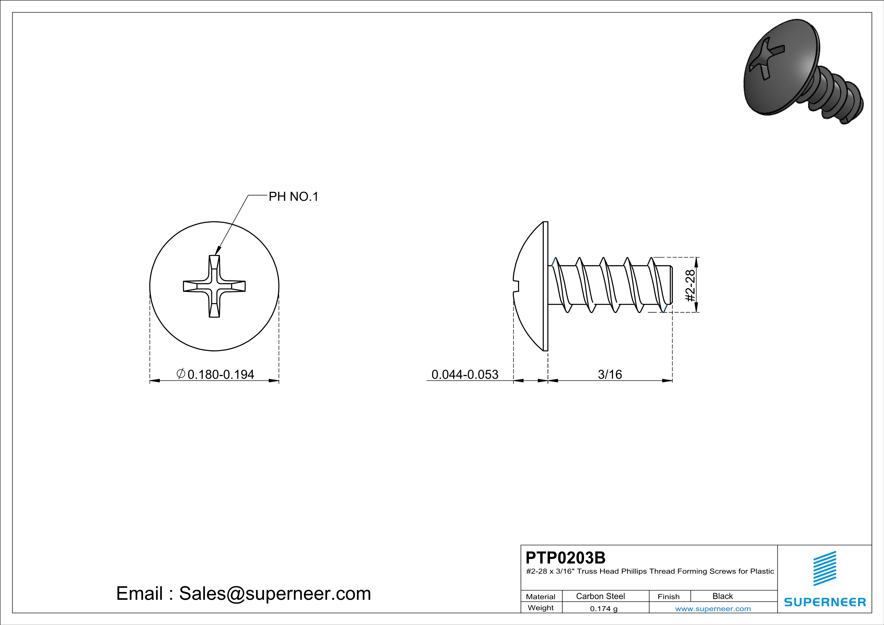 2 × 3/16" Truss Head Phillips Thread Forming inch Screws for Plastic  Steel Black