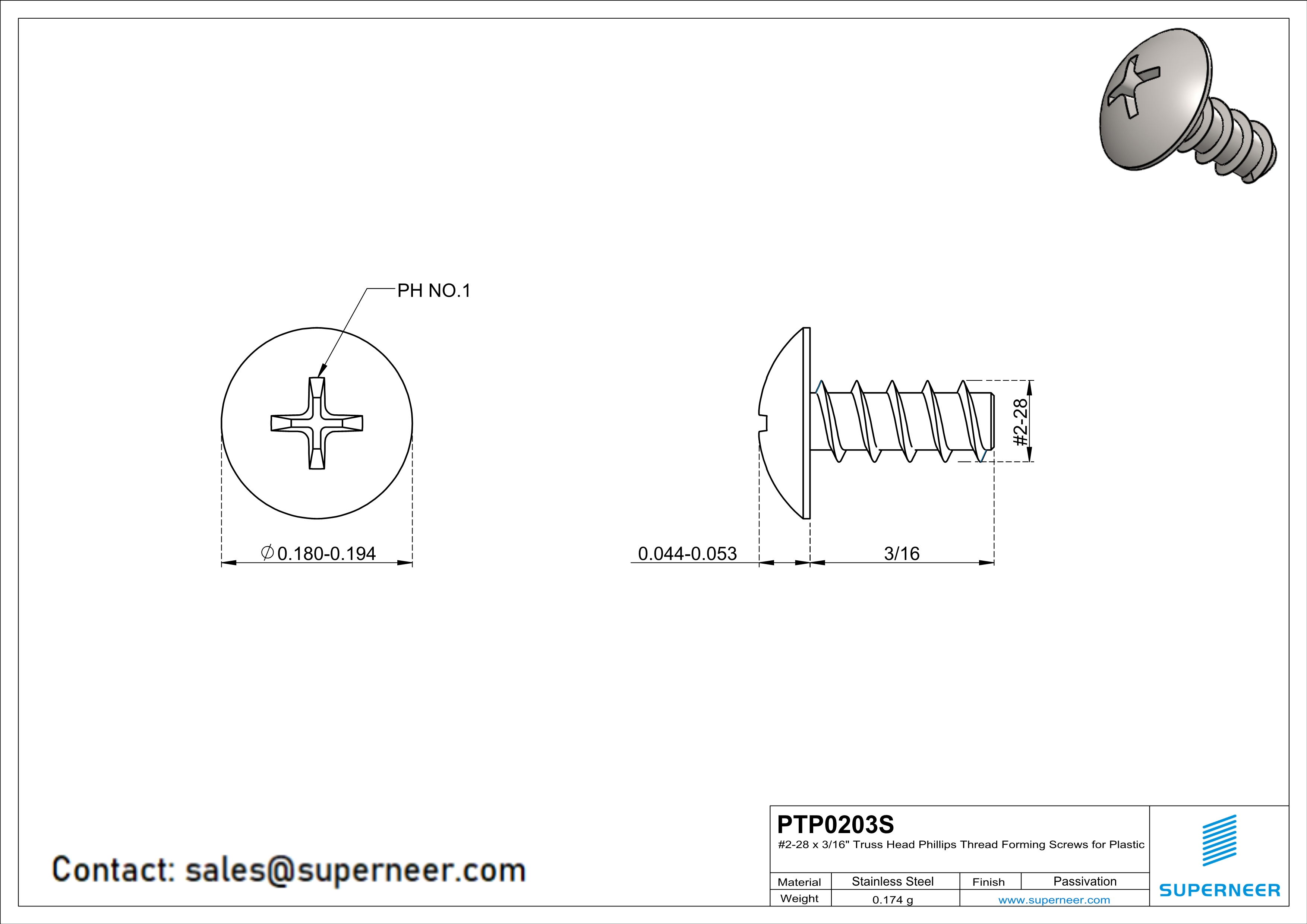 2 × 3/16" Truss Head Phillips Thread Forming inch Screws for Plastic  SUS304 Stainless Steel Inox