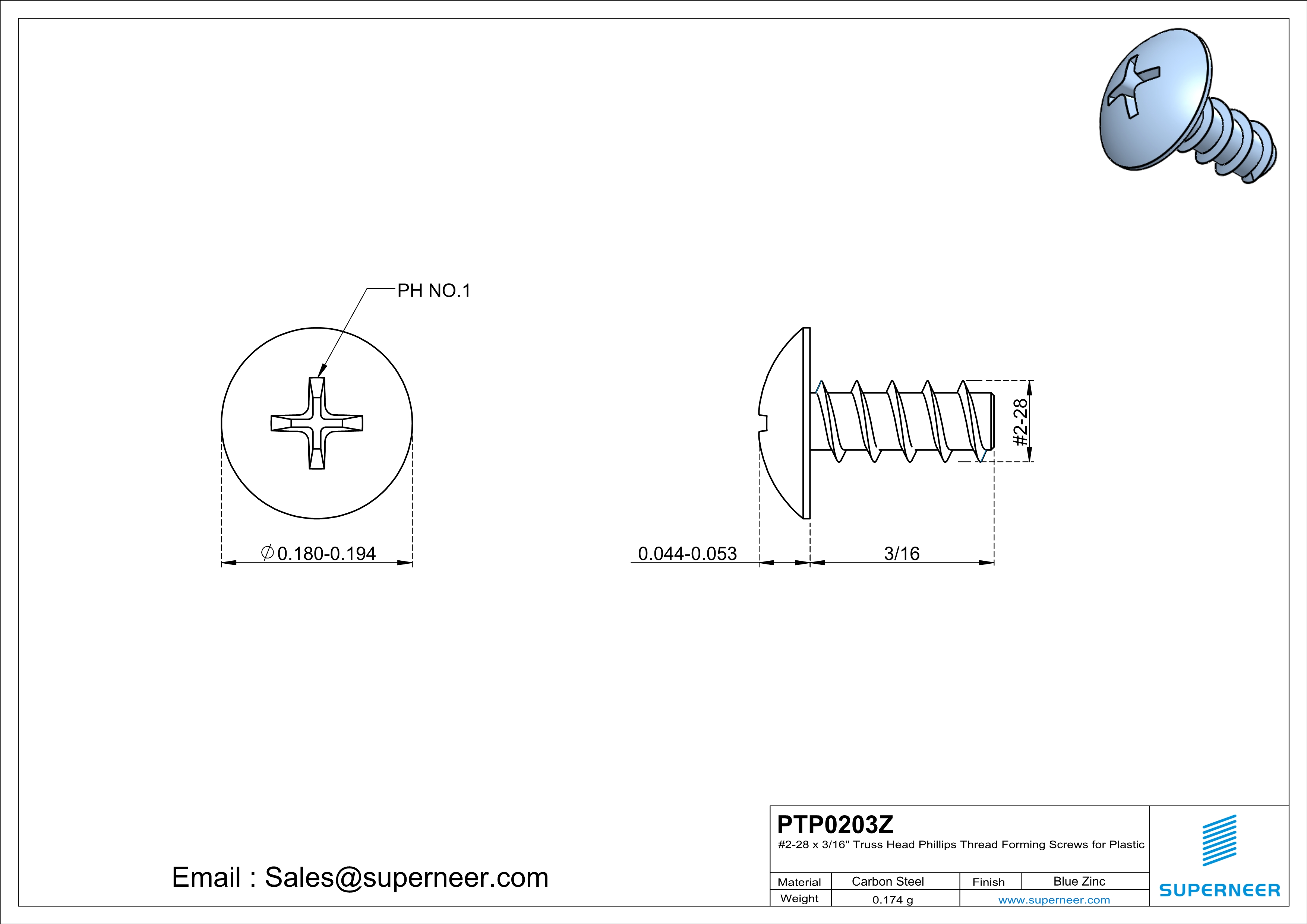 2 × 3/16" Truss Head Phillips Thread Forming inch Screws for Plastic  Steel Blue Zinc Plated