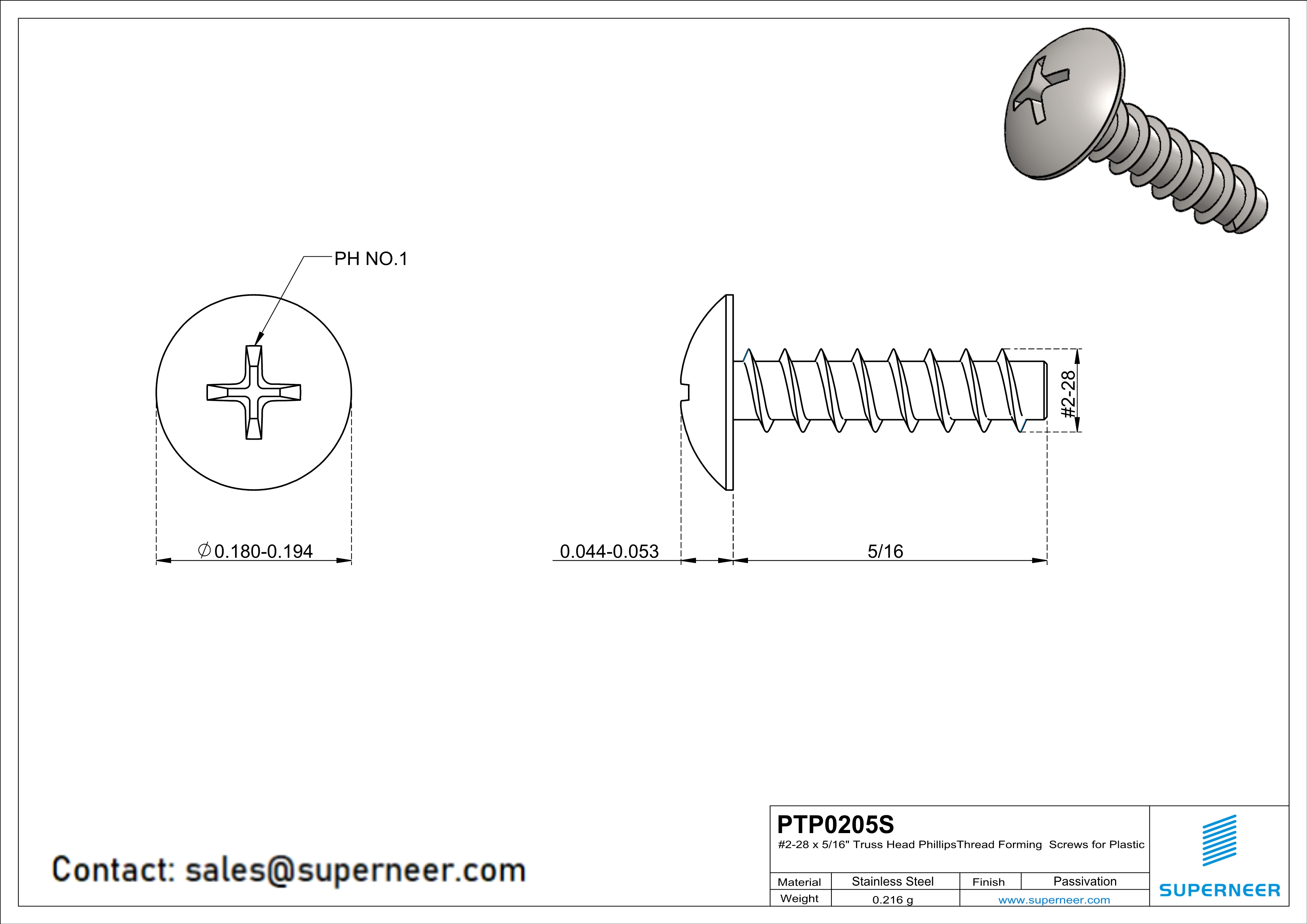 2 × 5/16" Truss Head Phillips Thread Forming inch Screws for Plastic  SUS304 Stainless Steel Inox