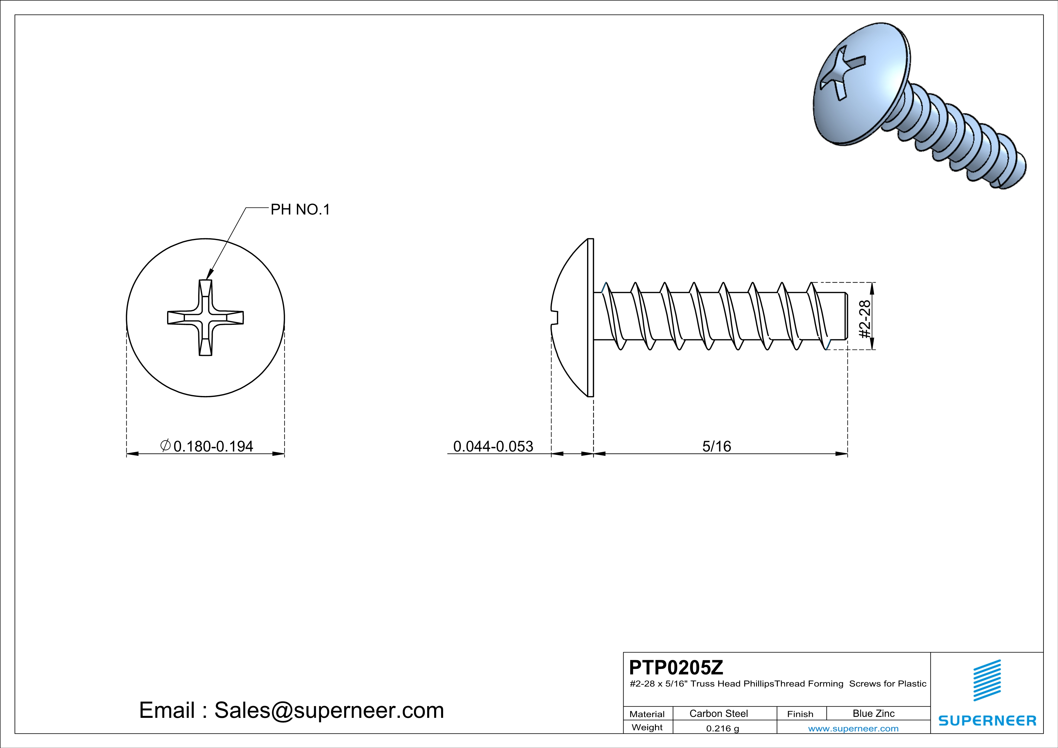 2 × 5/16" Truss Head Phillips Thread Forming inch Screws for Plastic  Steel Blue Zinc Plated