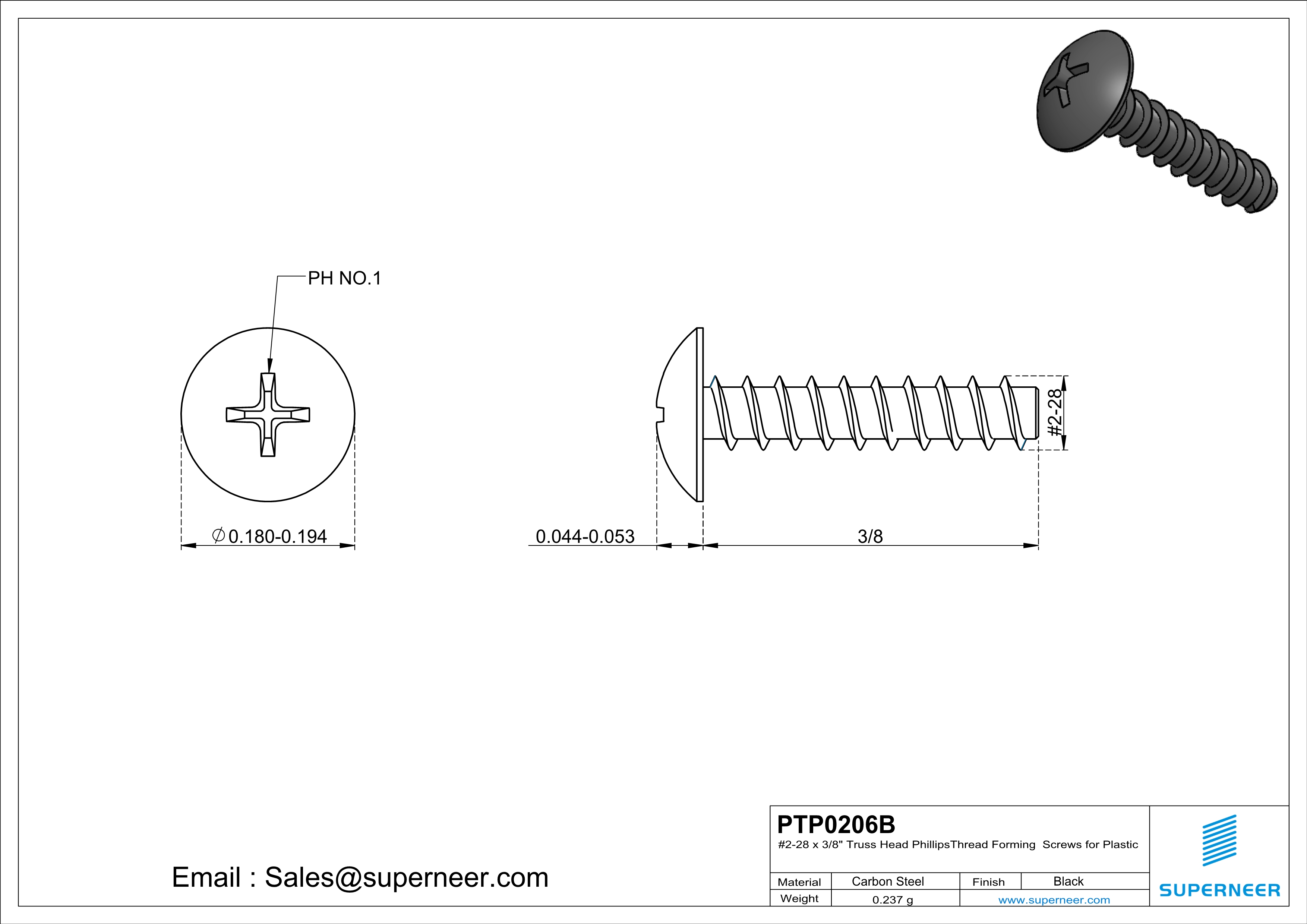 2 × 3/8" Truss Head Phillips Thread Forming inch Screws for Plastic  Steel Black