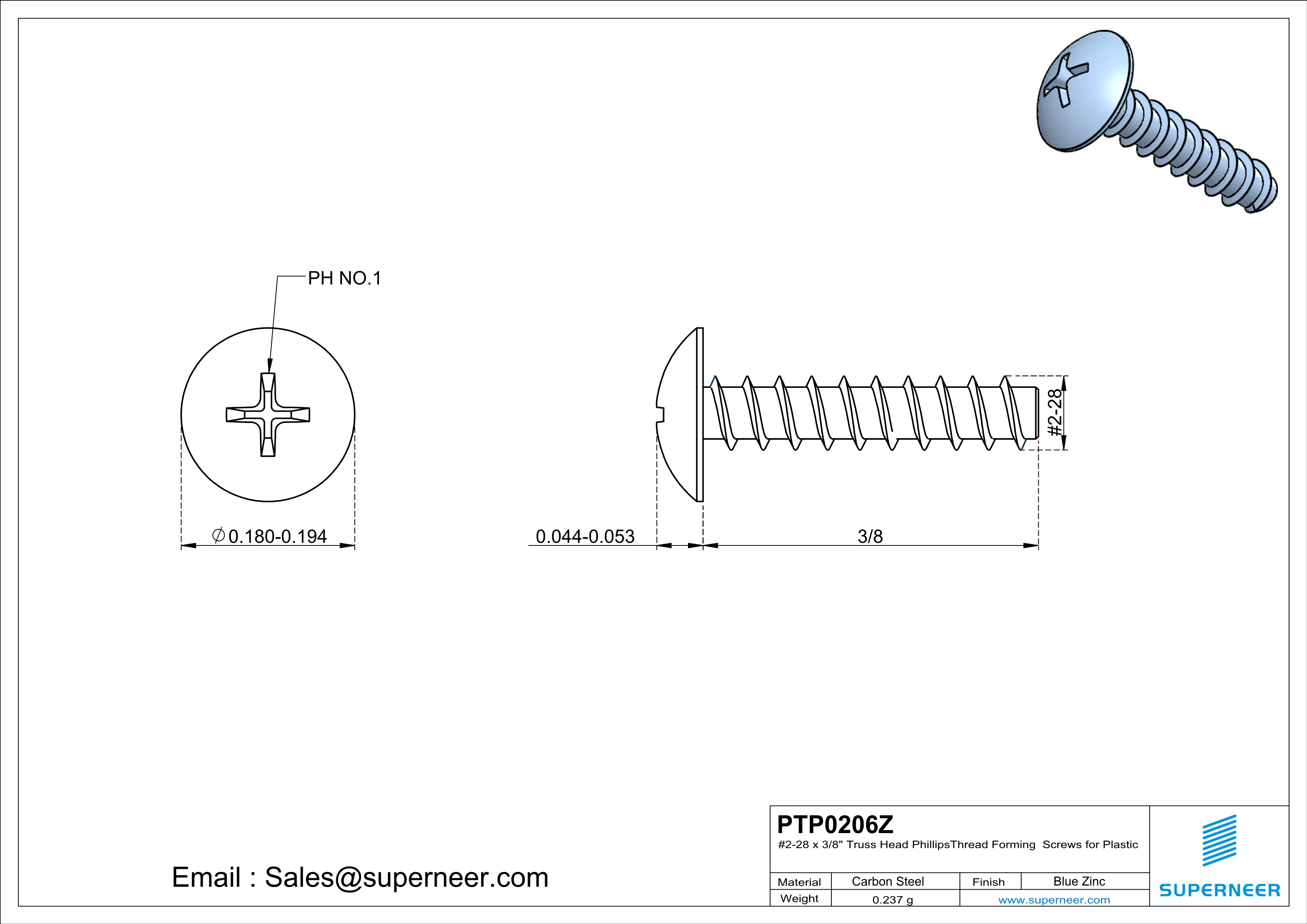 2 × 3/8" Truss Head Phillips Thread Forming inch Screws for Plastic  Steel Blue Zinc Plated