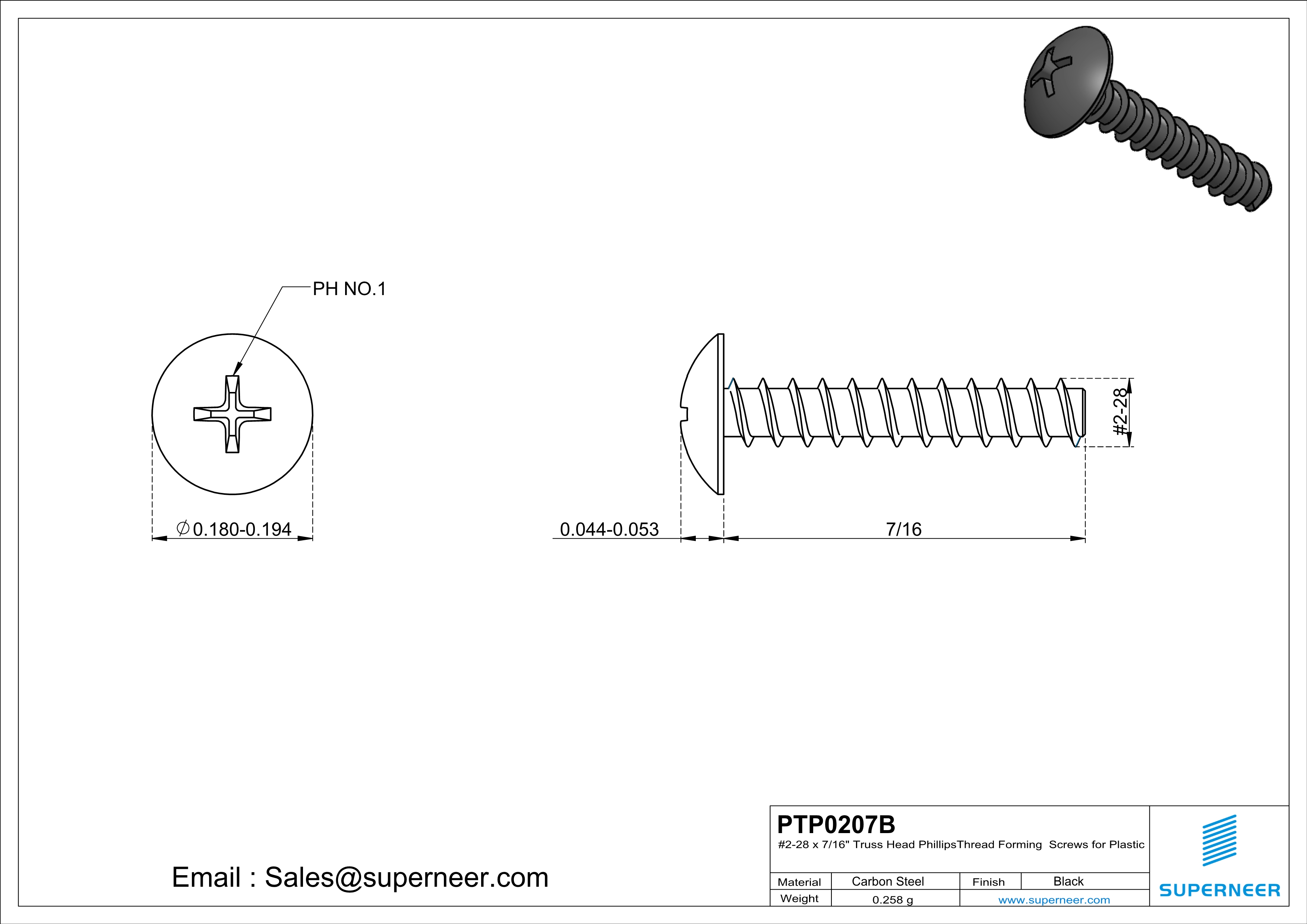 2 × 7/16" Truss Head Phillips Thread Forming inch Screws for Plastic  Steel Black