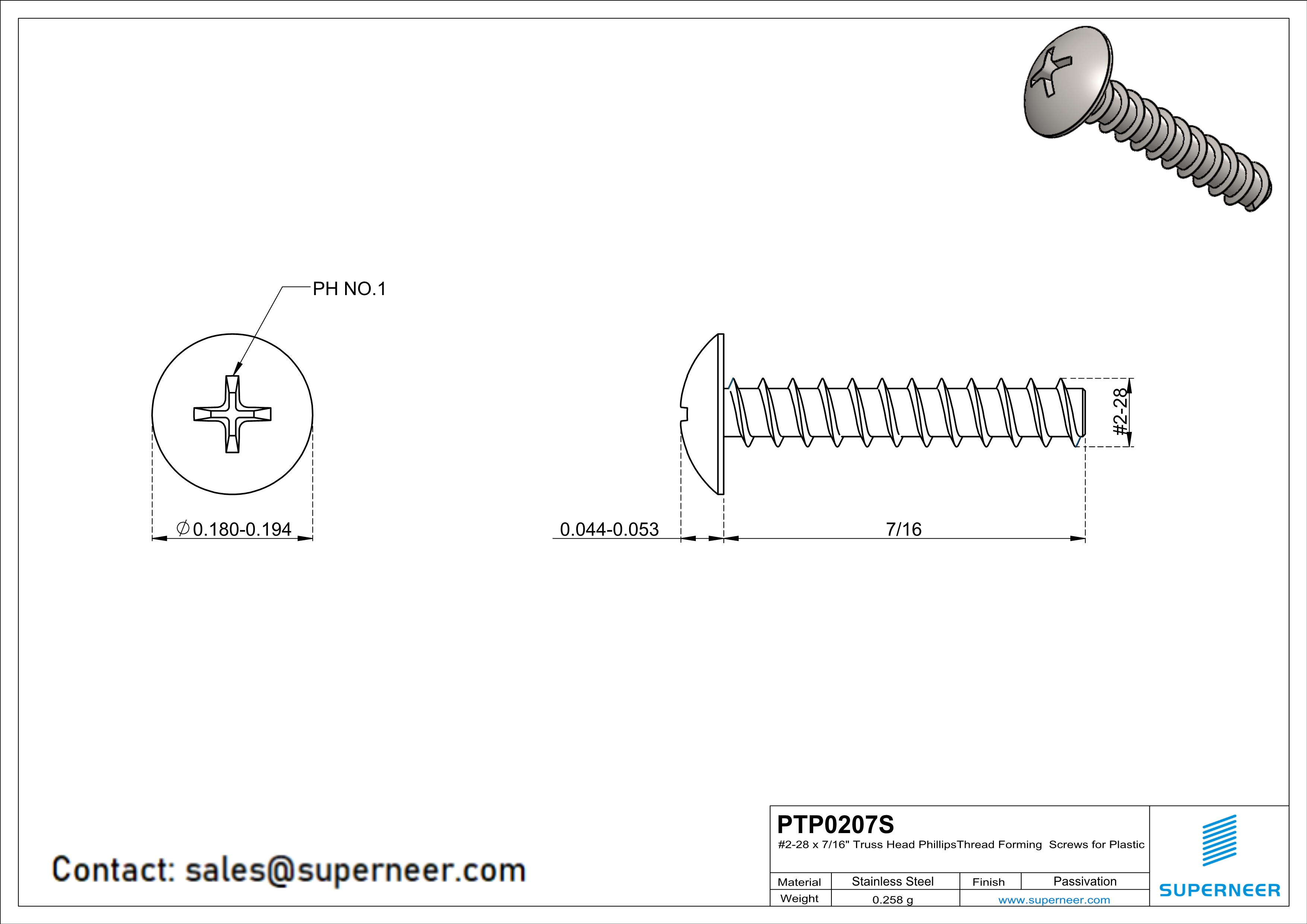 2 × 7/16" Truss Head Phillips Thread Forming inch Screws for Plastic  SUS304 Stainless Steel Inox