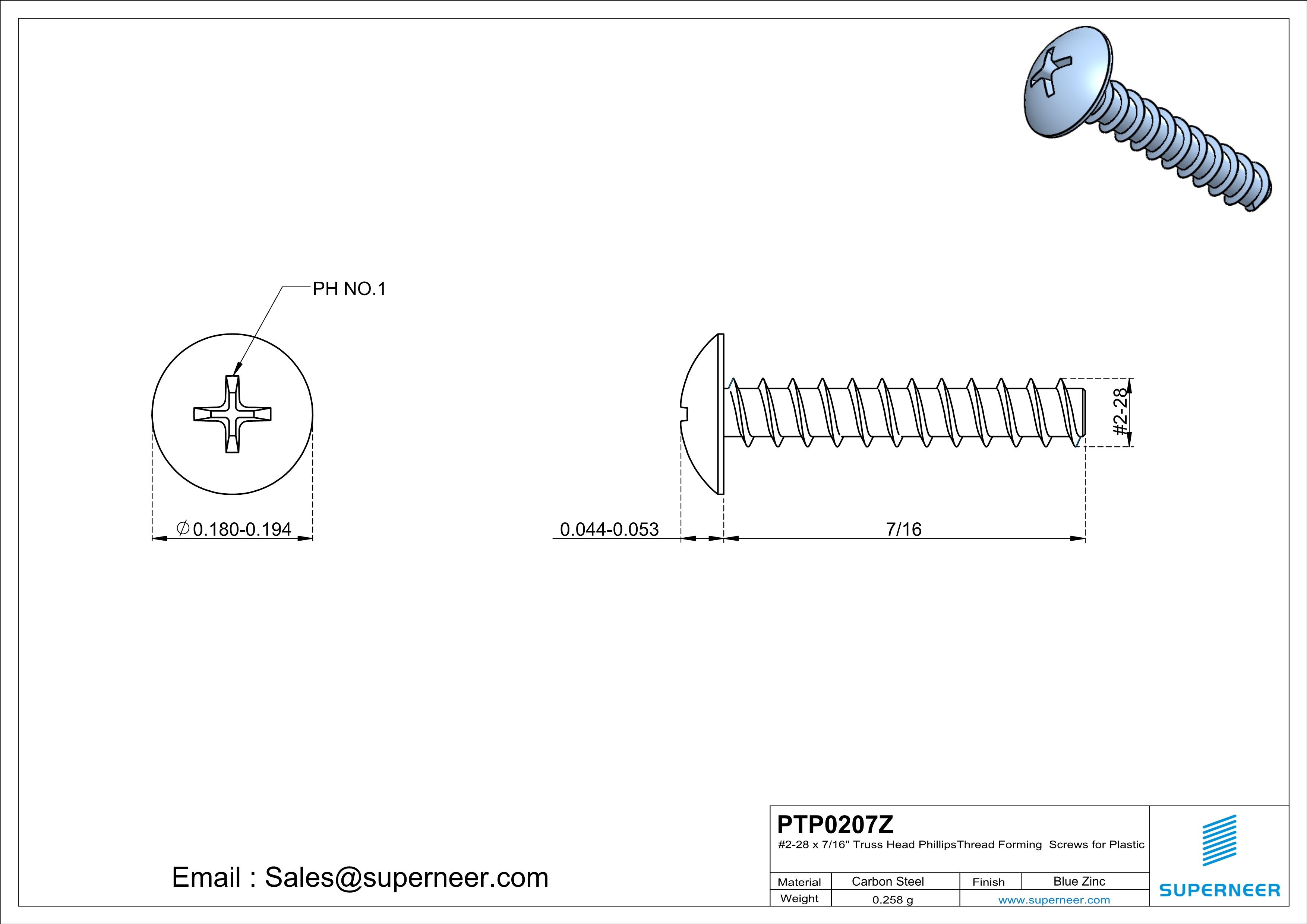 2 × 7/16" Truss Head Phillips Thread Forming inch Screws for Plastic  Steel Blue Zinc Plated