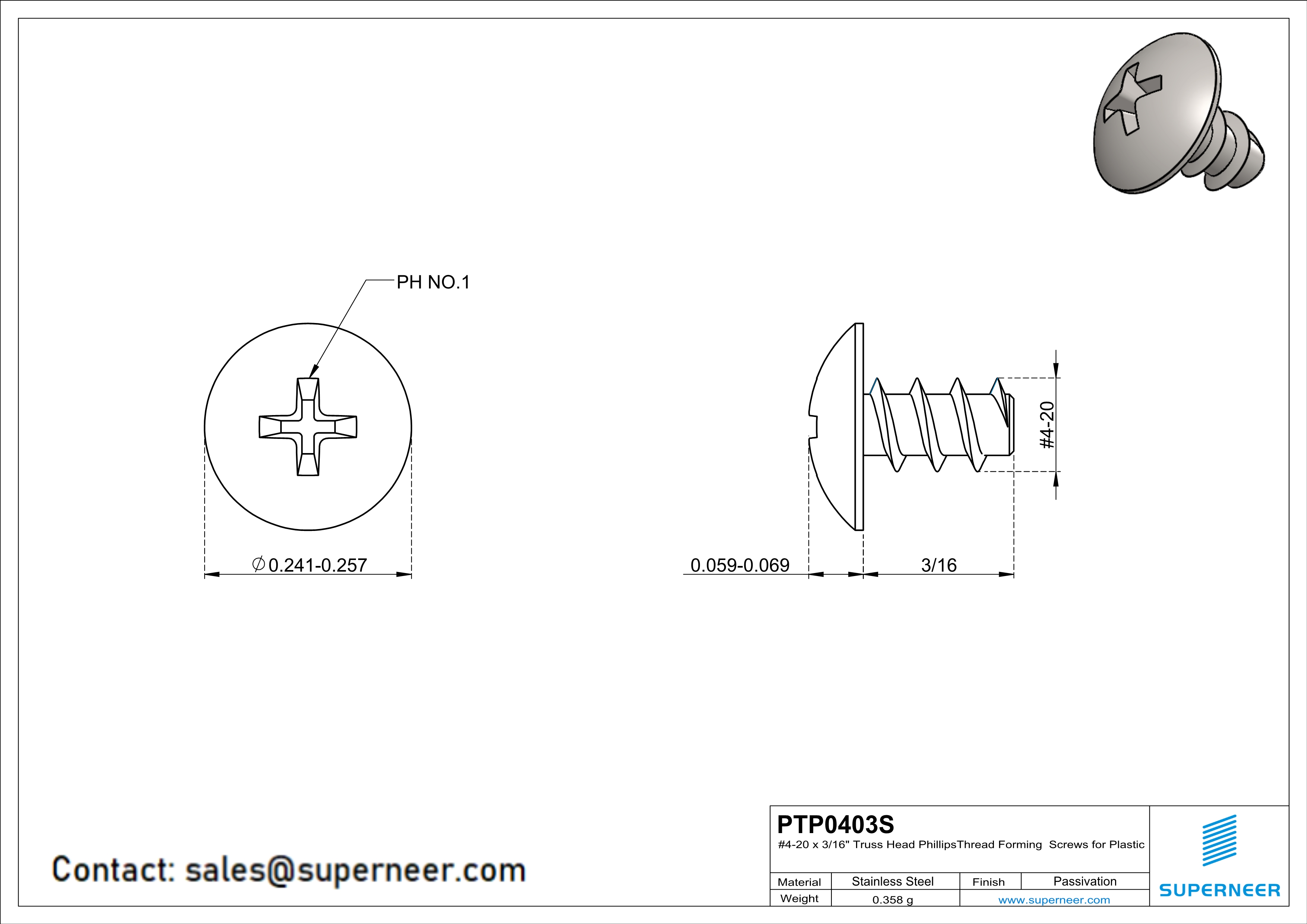 4 × 3/16" Truss Head Phillips Thread Forming inch Screws for Plastic  SUS304 Stainless Steel Inox