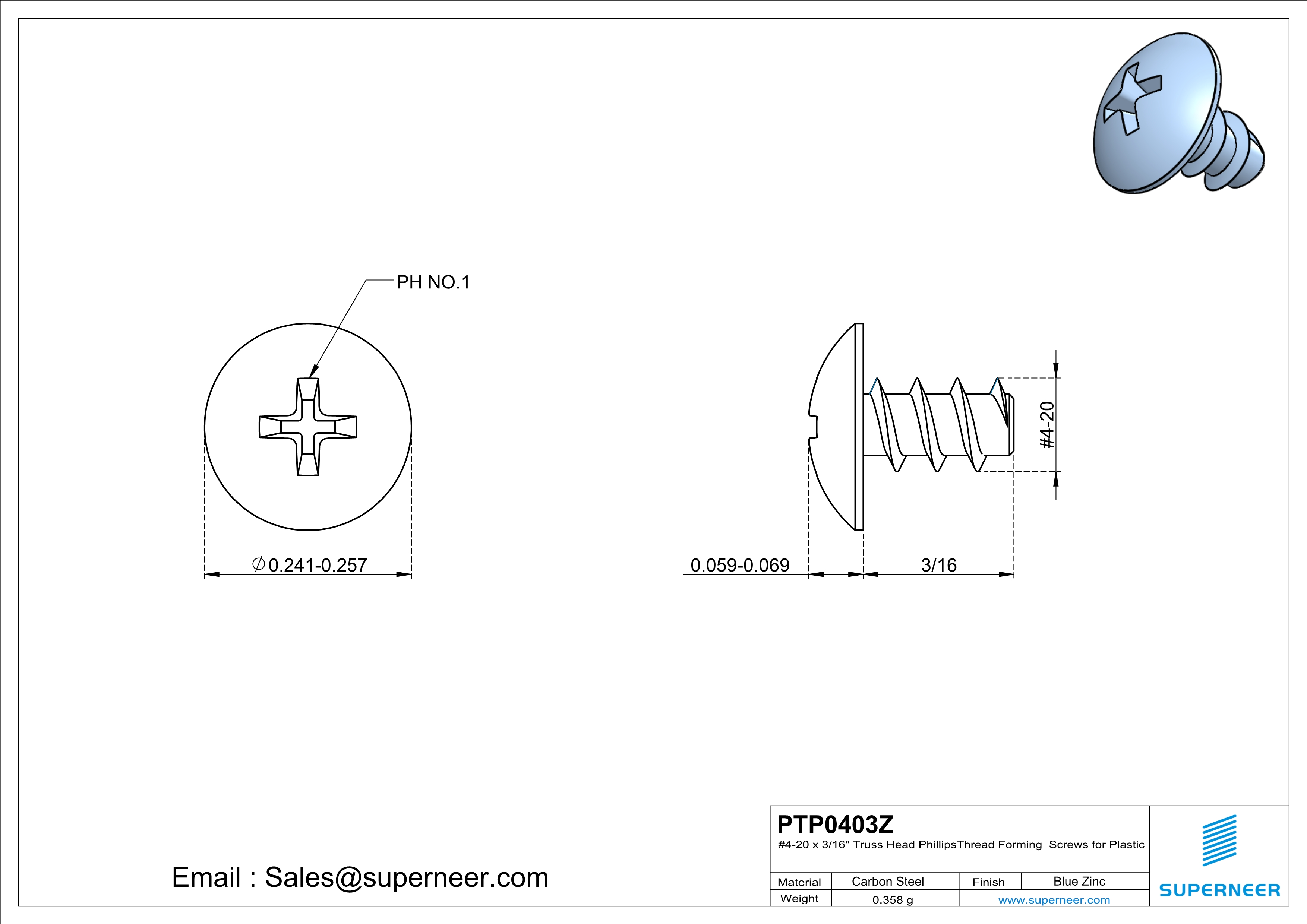 4 × 3/16" Truss Head Phillips Thread Forming inch Screws for Plastic  Steel Blue Zinc Plated