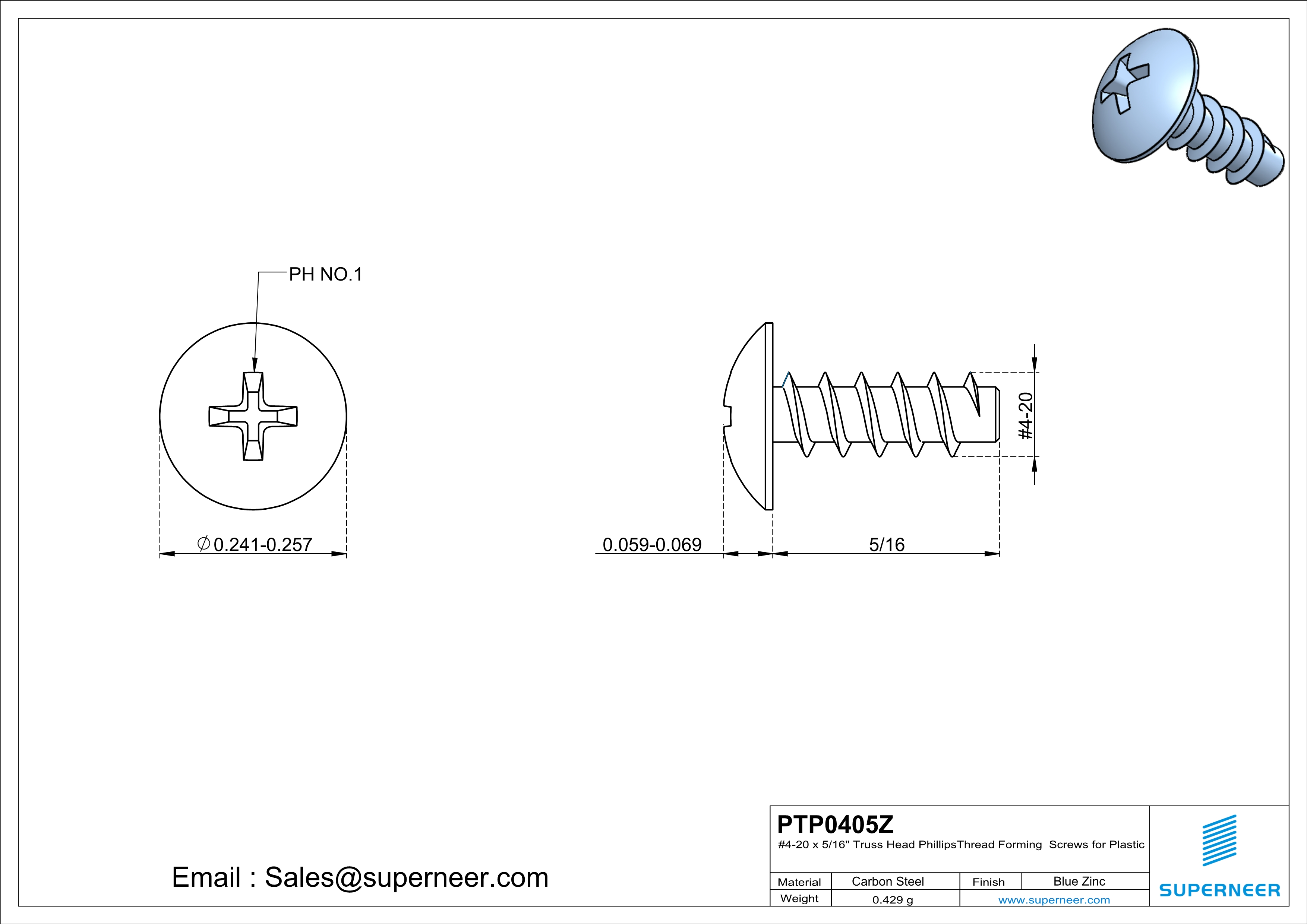 4 × 5/16" Truss Head Phillips Thread Forming inch Screws for Plastic  Steel Blue Zinc Plated