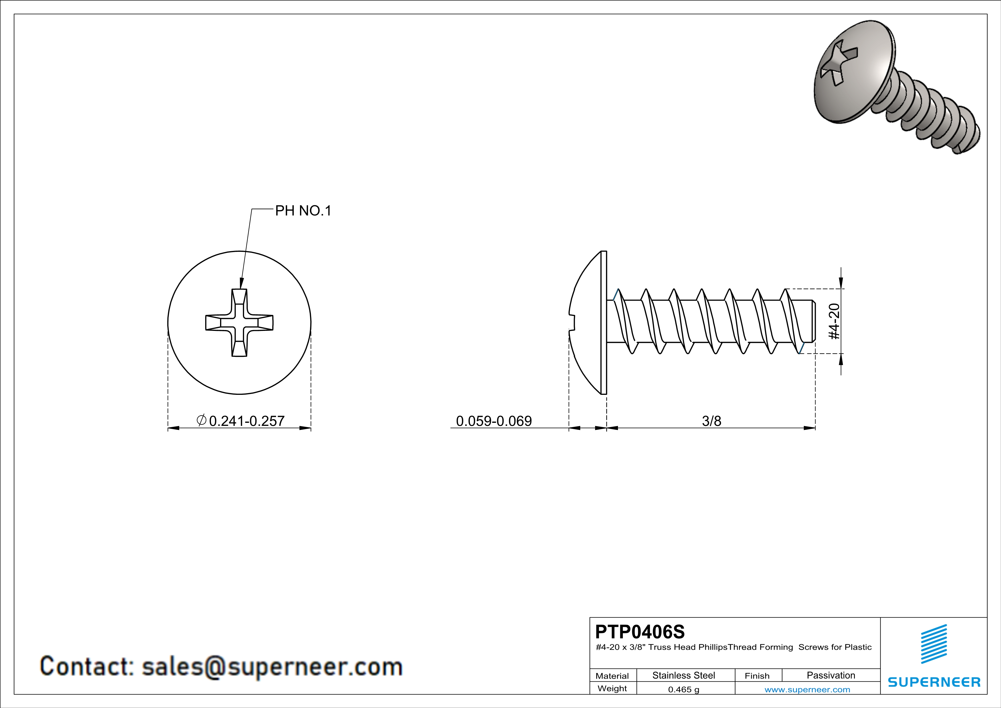 4 × 3/8" Truss Head Phillips Thread Forming inch Screws for Plastic  SUS304 Stainless Steel Inox