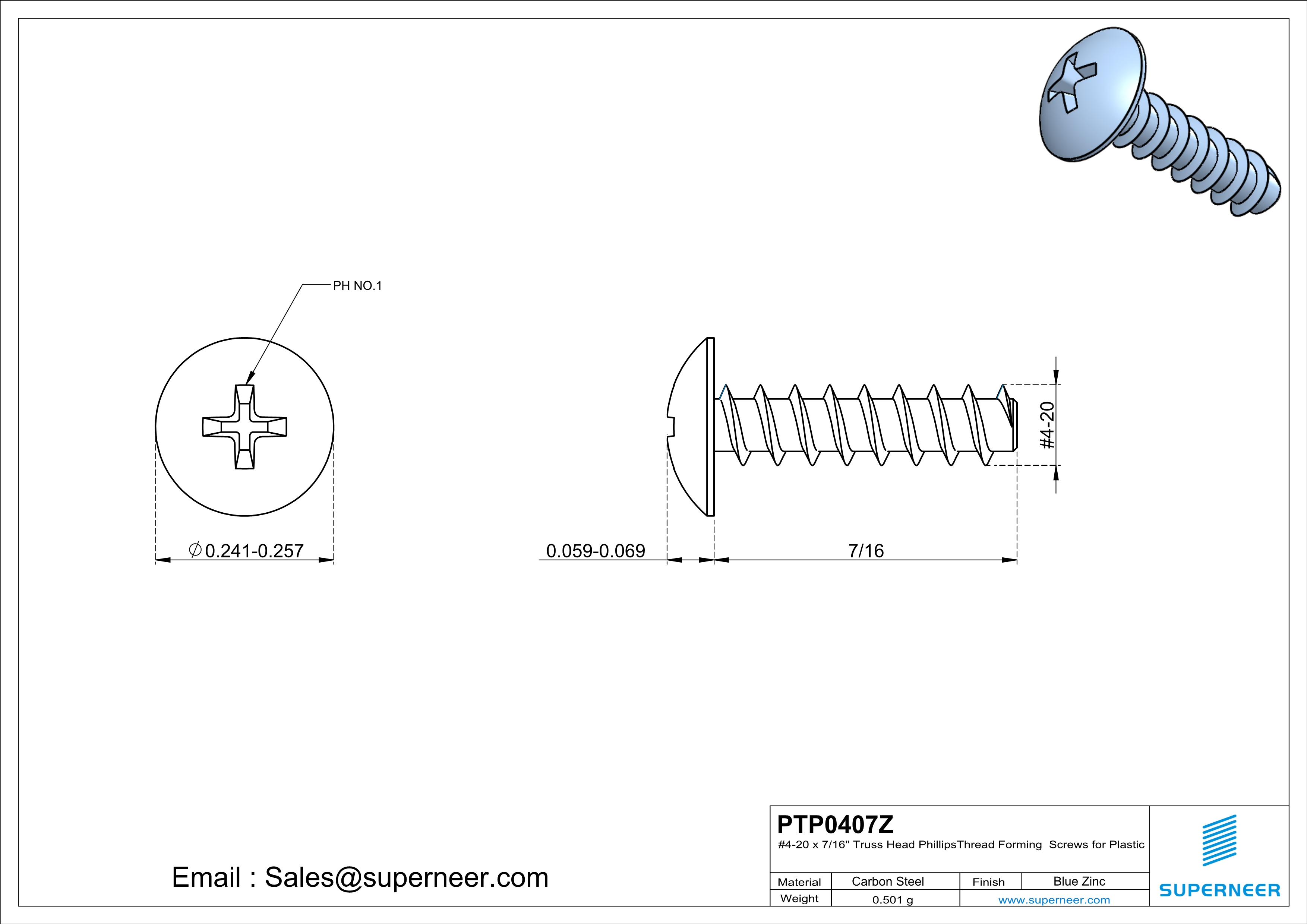 4 × 7/16" Truss Head Phillips Thread Forming inch Screws for Plastic  Steel Blue Zinc Plated