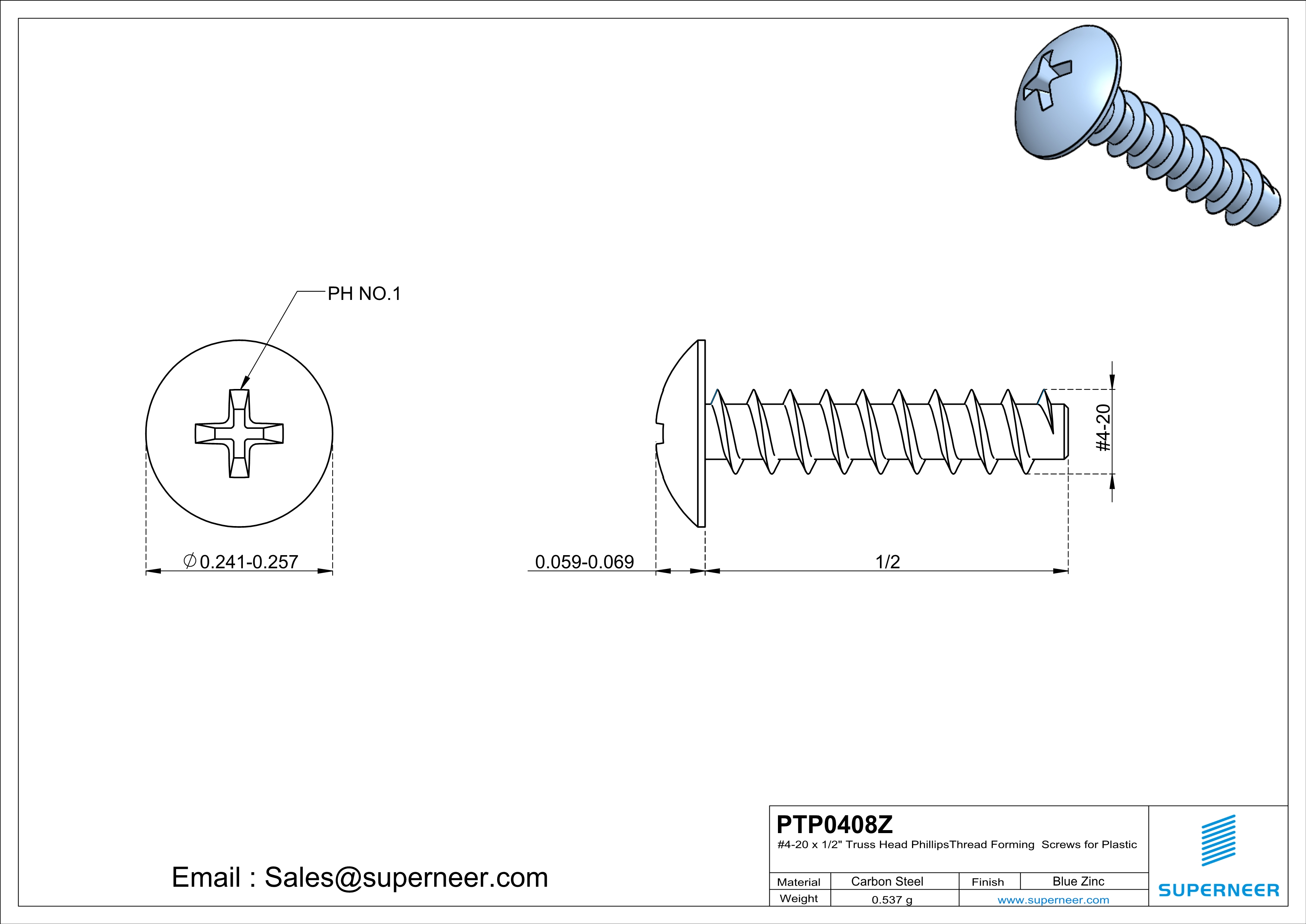 4 × 1/2" Truss Head Phillips Thread Forming inch Screws for Plastic  Steel Blue Zinc Plated