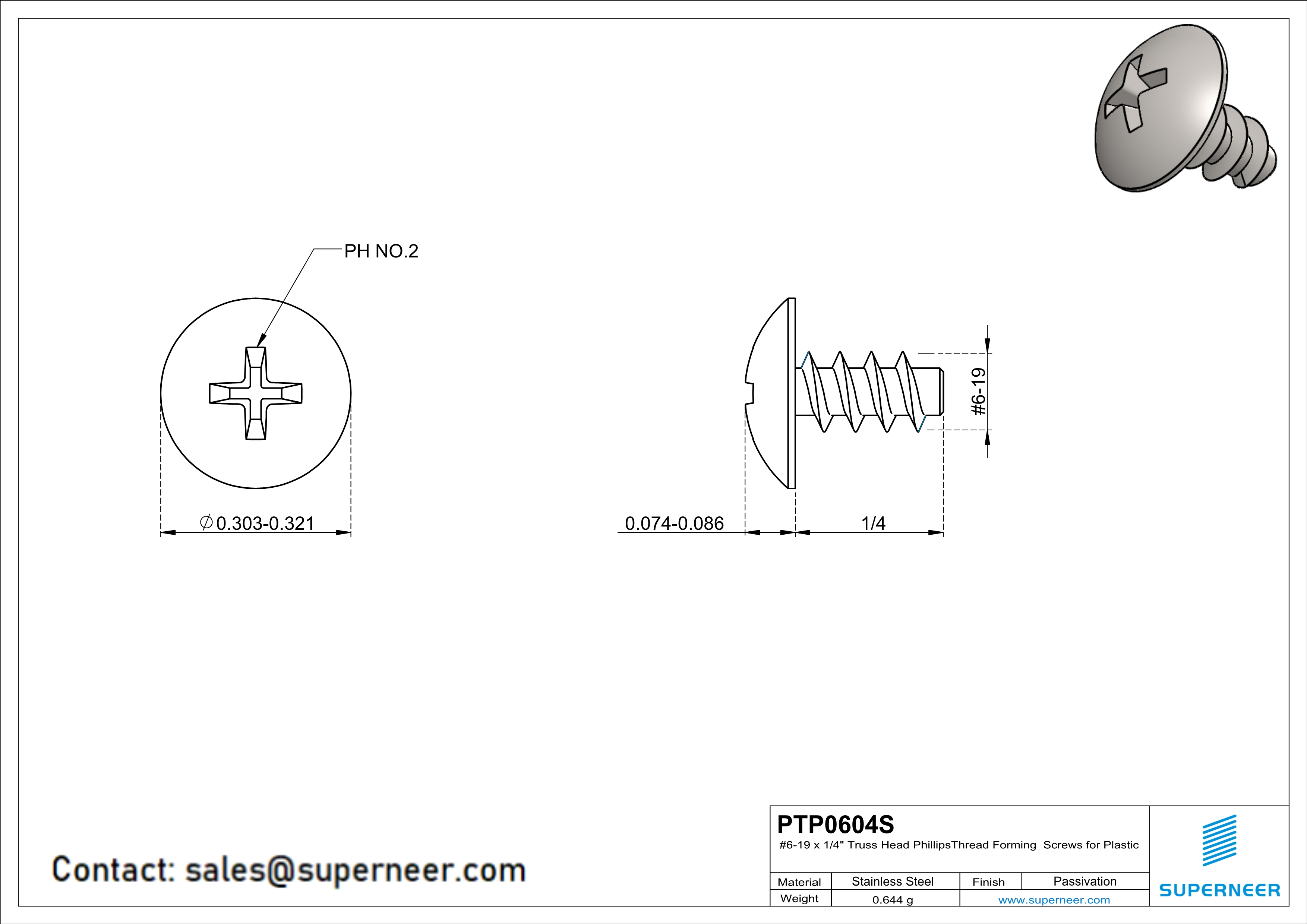 6 × 1/4" Truss Head Phillips Thread Forming inch Screws for Plastic  SUS304 Stainless Steel Inox