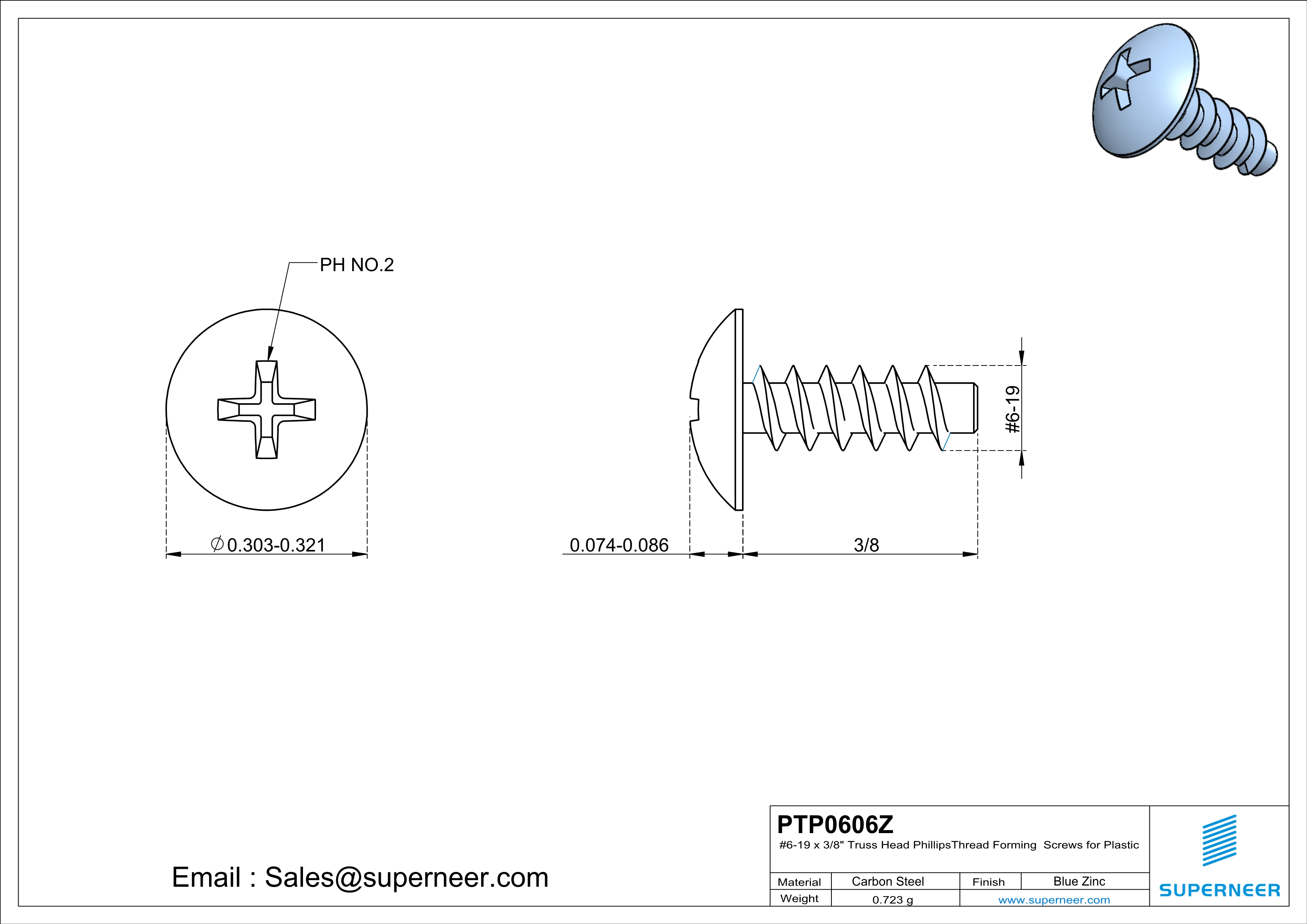 6 × 3/8" Truss Head Phillips Thread Forming inch Screws for Plastic  Steel Blue Zinc Plated