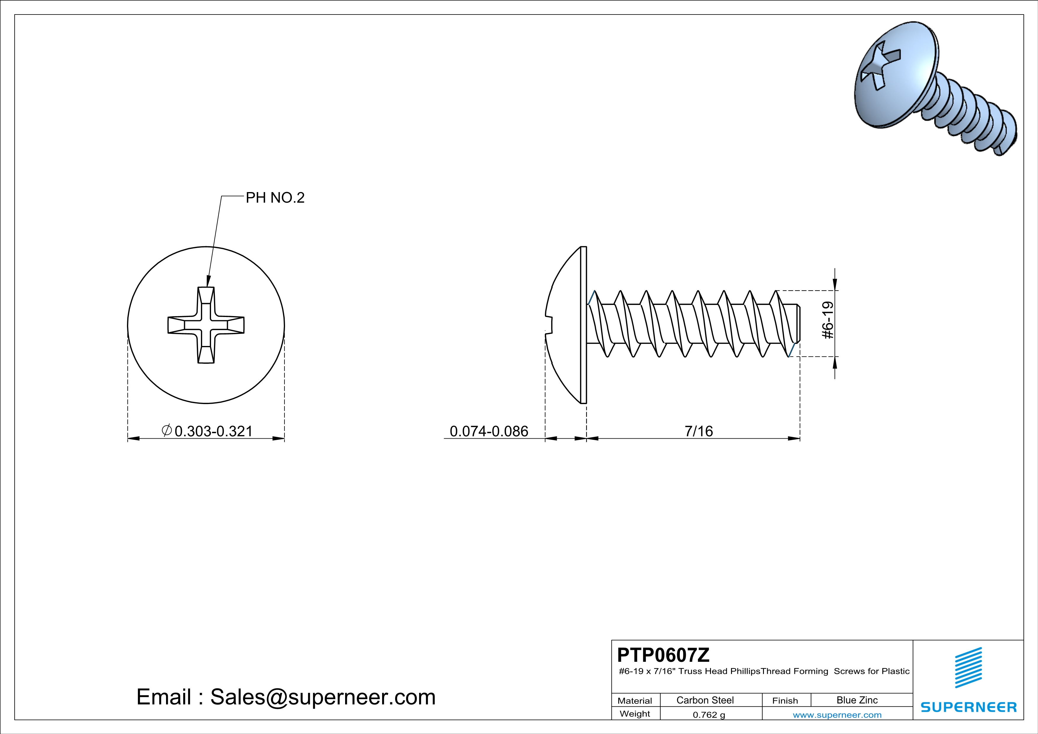 6 × 7/16" Truss Head Phillips Thread Forming inch Screws for Plastic  Steel Blue Zinc Plated