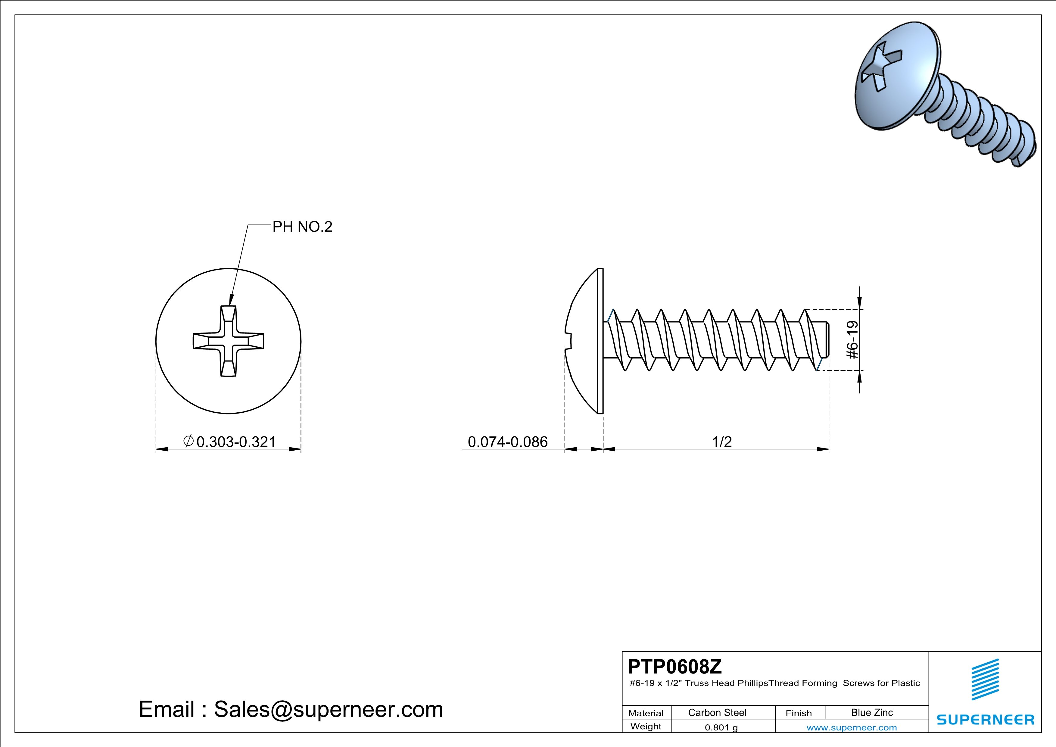 6 × 1/2" Truss Head Phillips Thread Forming inch Screws for Plastic  Steel Blue Zinc Plated