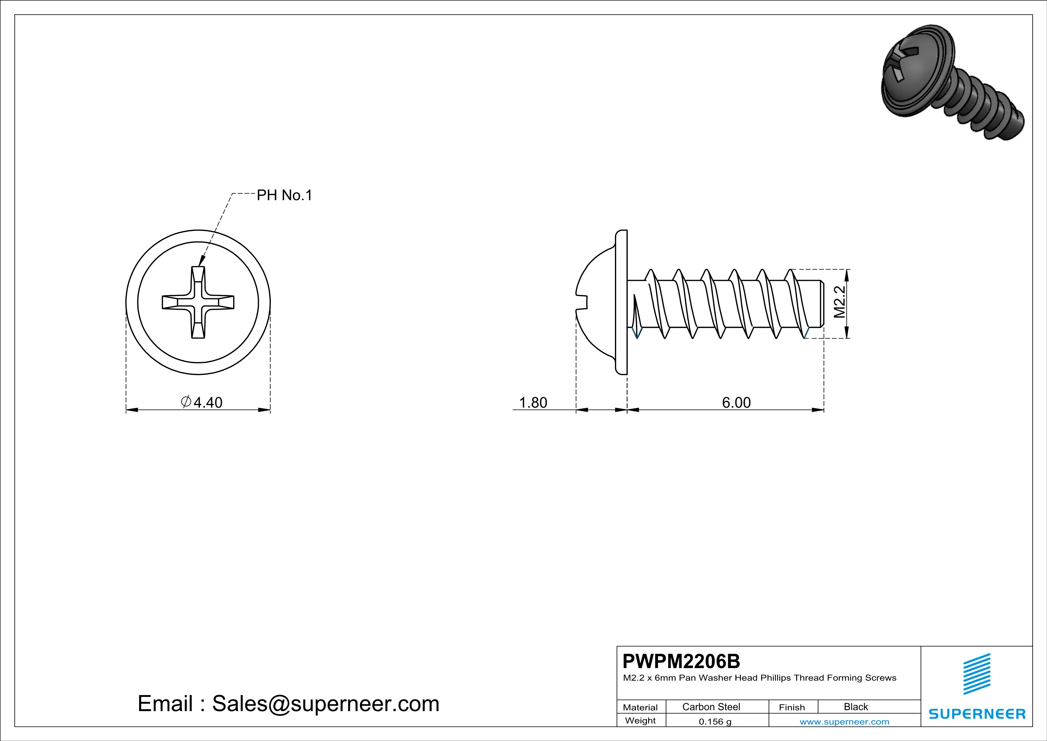 M2.2 × 6mm  Pan Washer Head Phillips Thread Foming Screws for Plastic   Steel Black