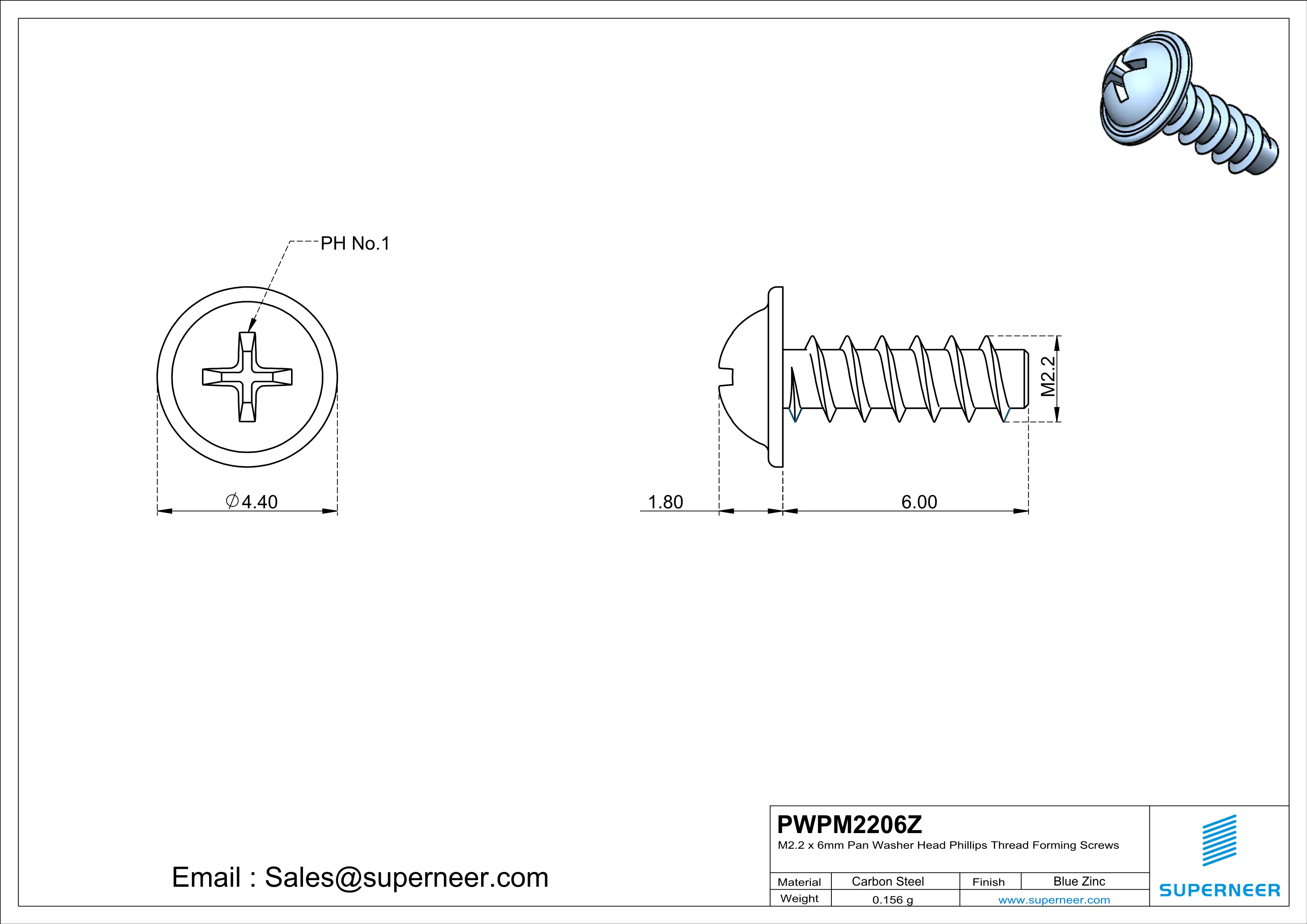 M2.2 × 6mm  Pan Washer Head Phillips Thread Foming Screws for Plastic   Steel Blue Zinc Plated