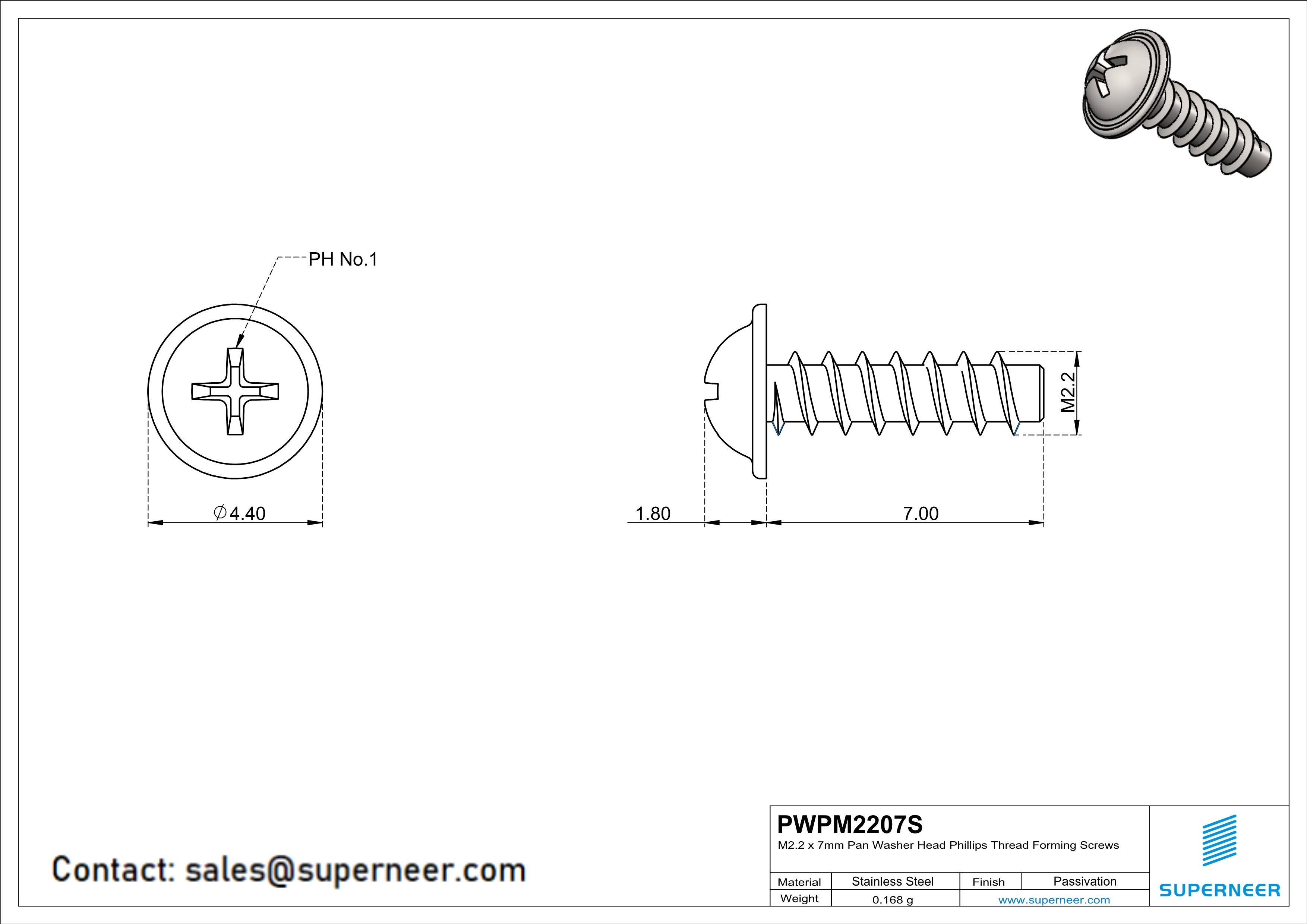 M2.2 × 7mm  Pan Washer Head Phillips Thread Foming Screws for Plastic SUS304 Stainless Steel Inox