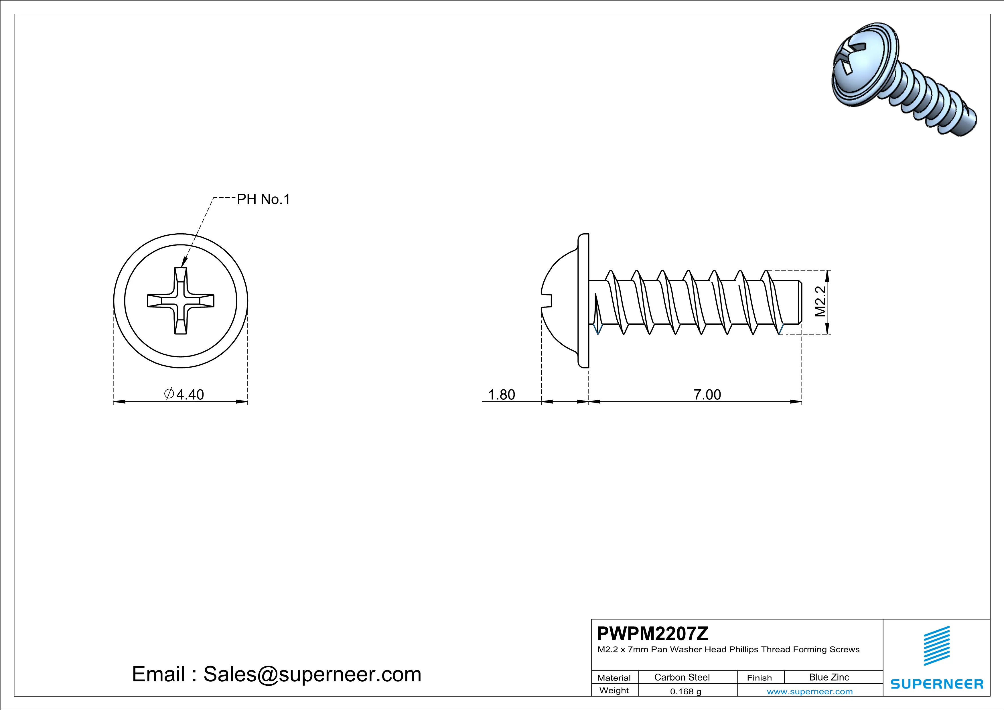 M2.2 × 7mm  Pan Washer Head Phillips Thread Foming Screws for Plastic   Steel Blue Zinc Plated