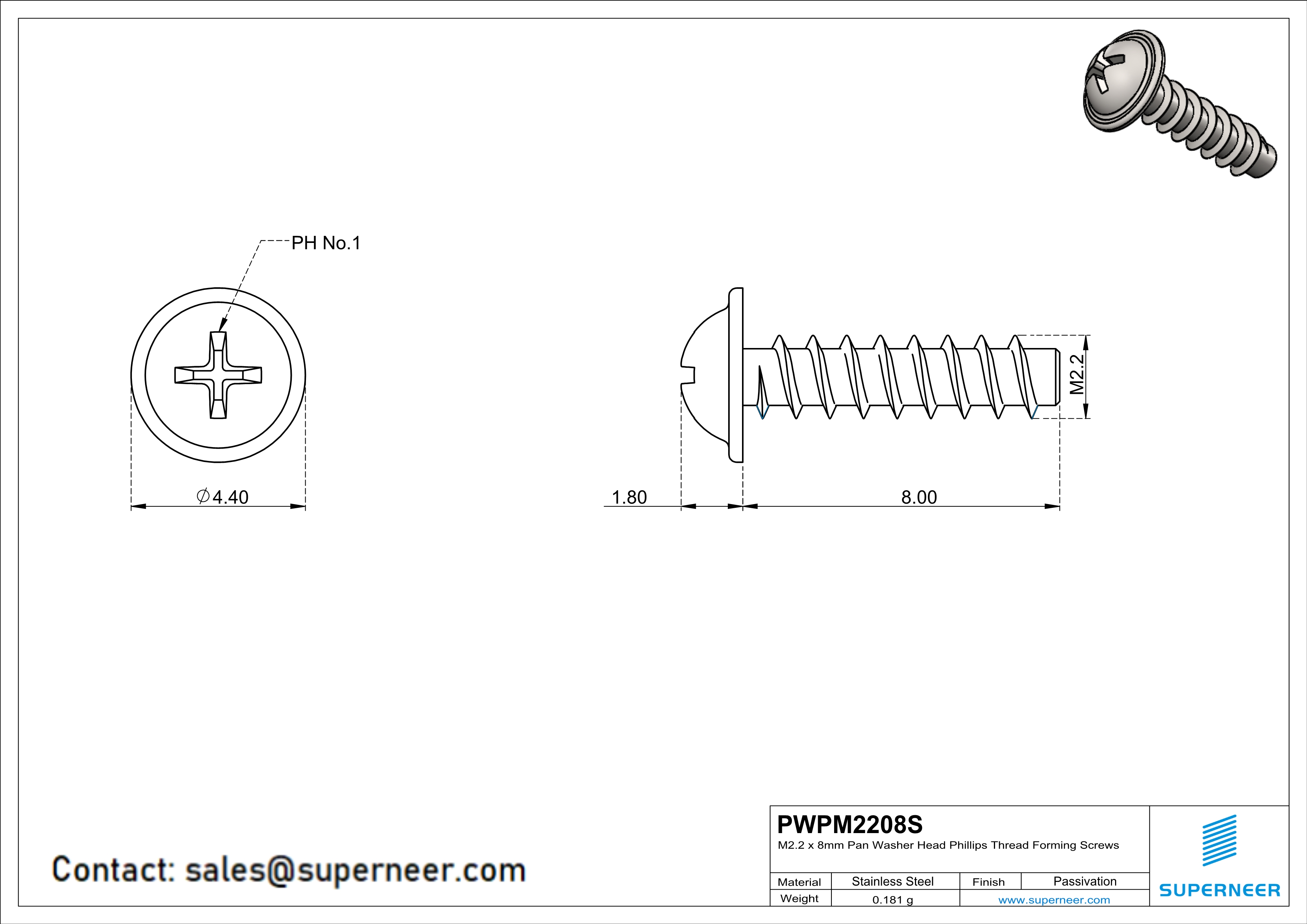 M2.2 × 8mm  Pan Washer Head Phillips Thread Foming Screws for Plastic SUS304 Stainless Steel Inox