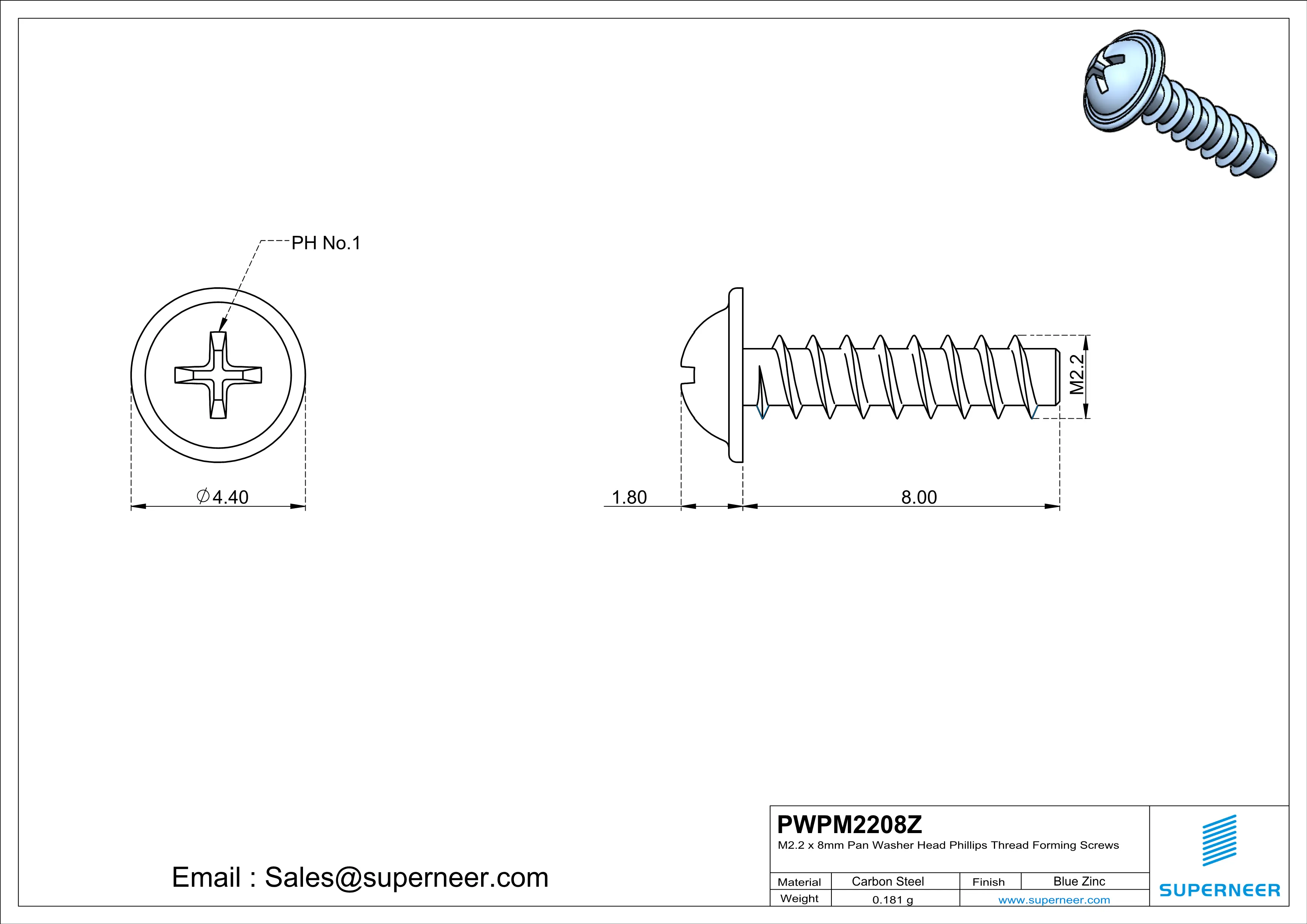 M2.2 × 8mm  Pan Washer Head Phillips Thread Foming Screws for Plastic   Steel Blue Zinc Plated