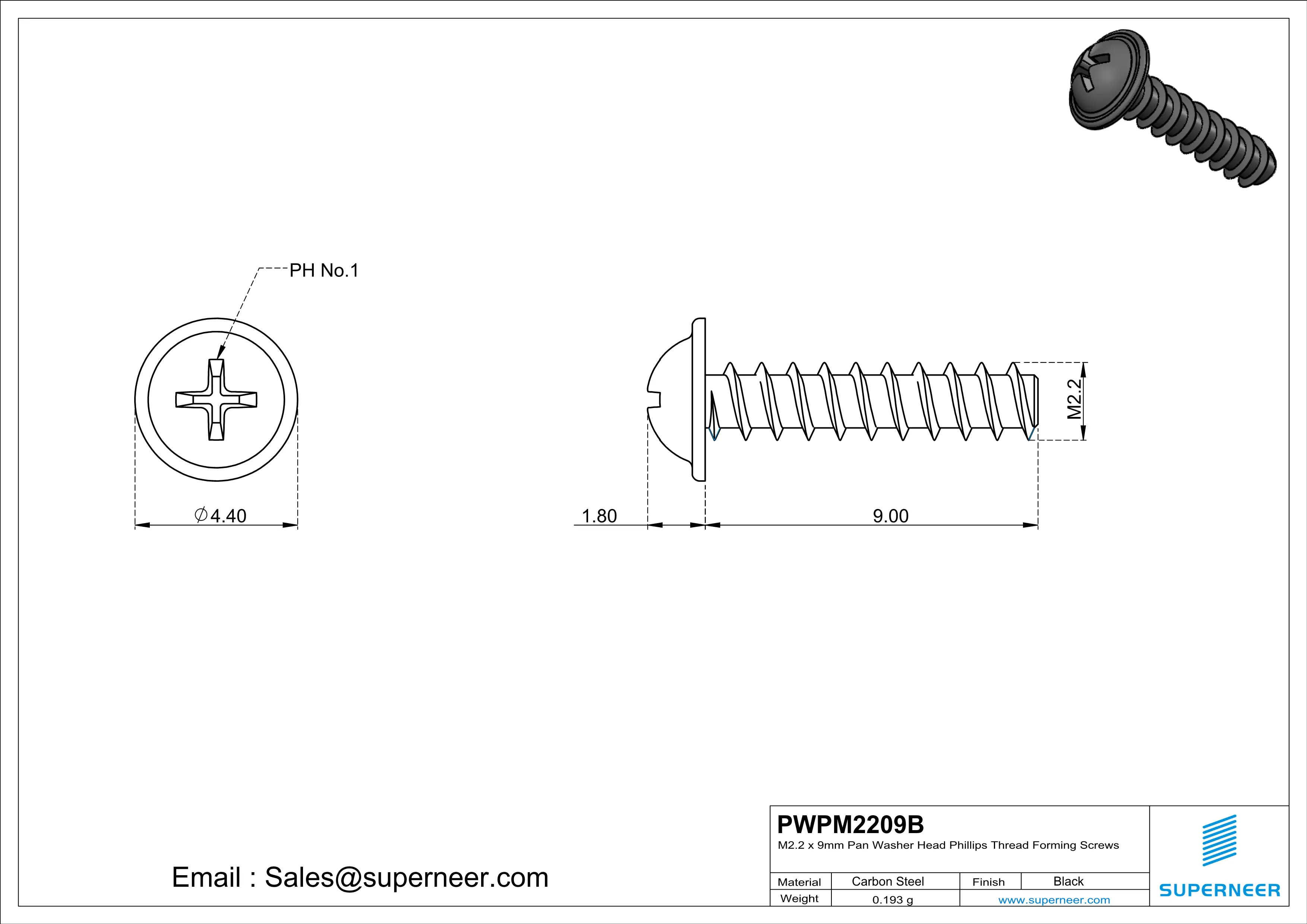 M2.2 × 9mm  Pan Washer Head Phillips Thread Foming Screws for Plastic   Steel Black