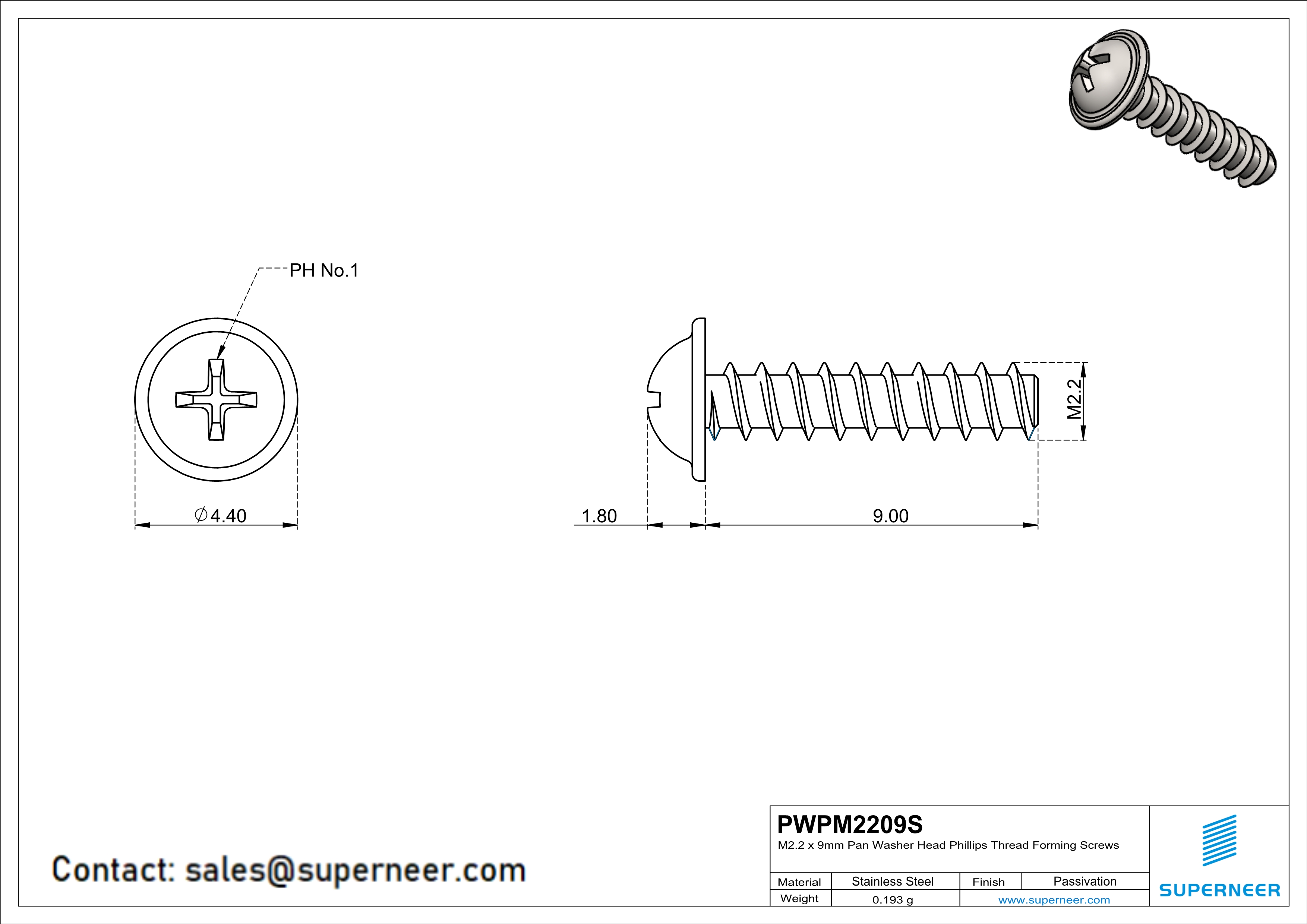 M2.2 × 9mm  Pan Washer Head Phillips Thread Foming Screws for Plastic SUS304 Stainless Steel Inox