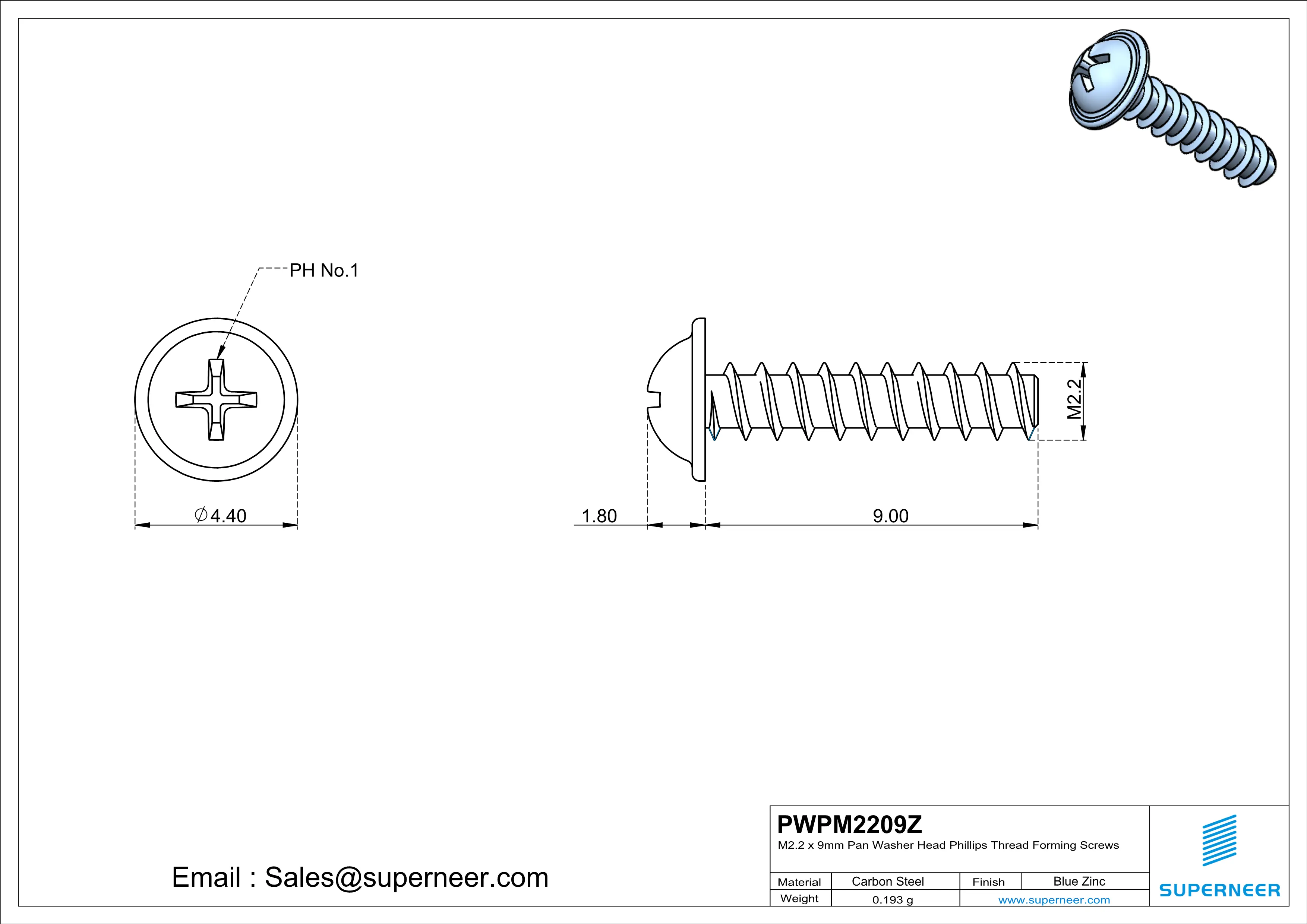 M2.2 × 9mm  Pan Washer Head Phillips Thread Foming Screws for Plastic   Steel Blue Zinc Plated