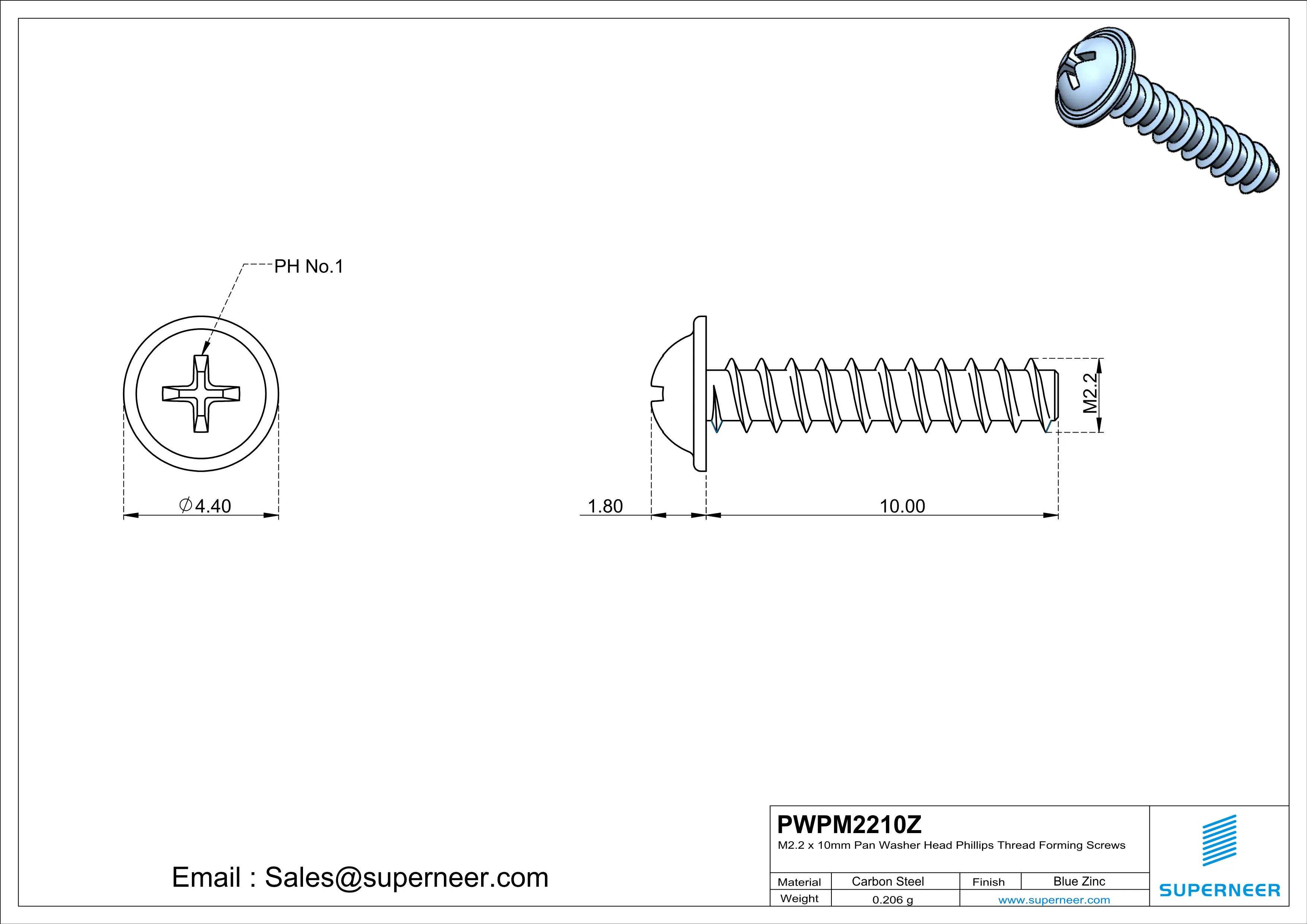 M2.2 × 10mm  Pan Washer Head Phillips Thread Foming Screws for Plastic   Steel Blue Zinc Plated