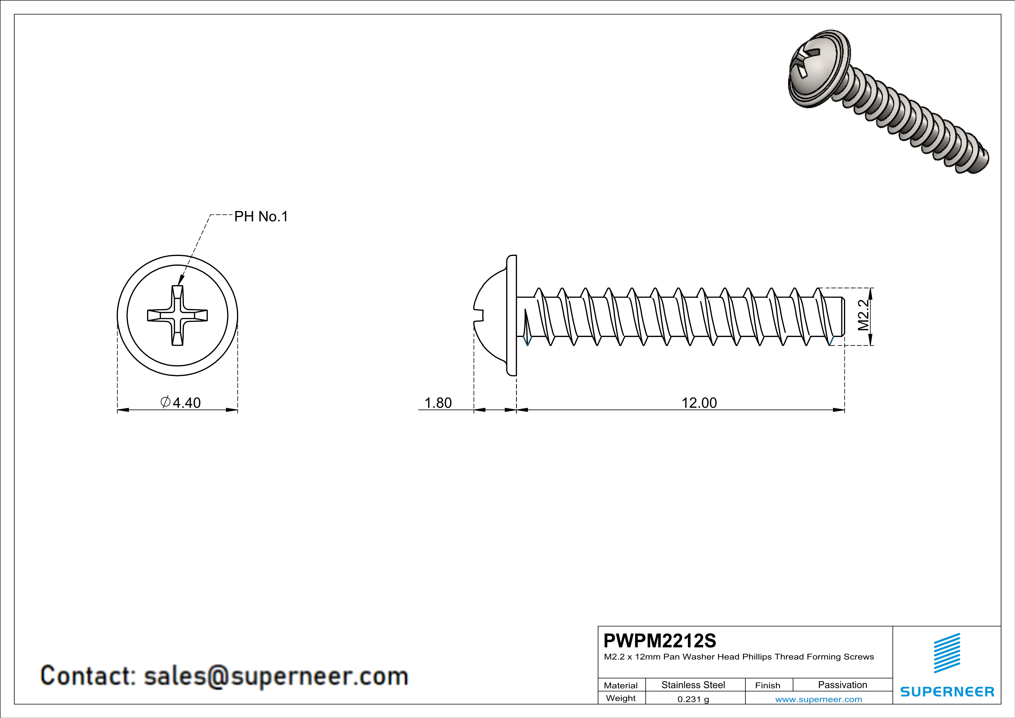 M2.2 × 12mm  Pan Washer Head Phillips Thread Foming Screws for Plastic SUS304 Stainless Steel Inox