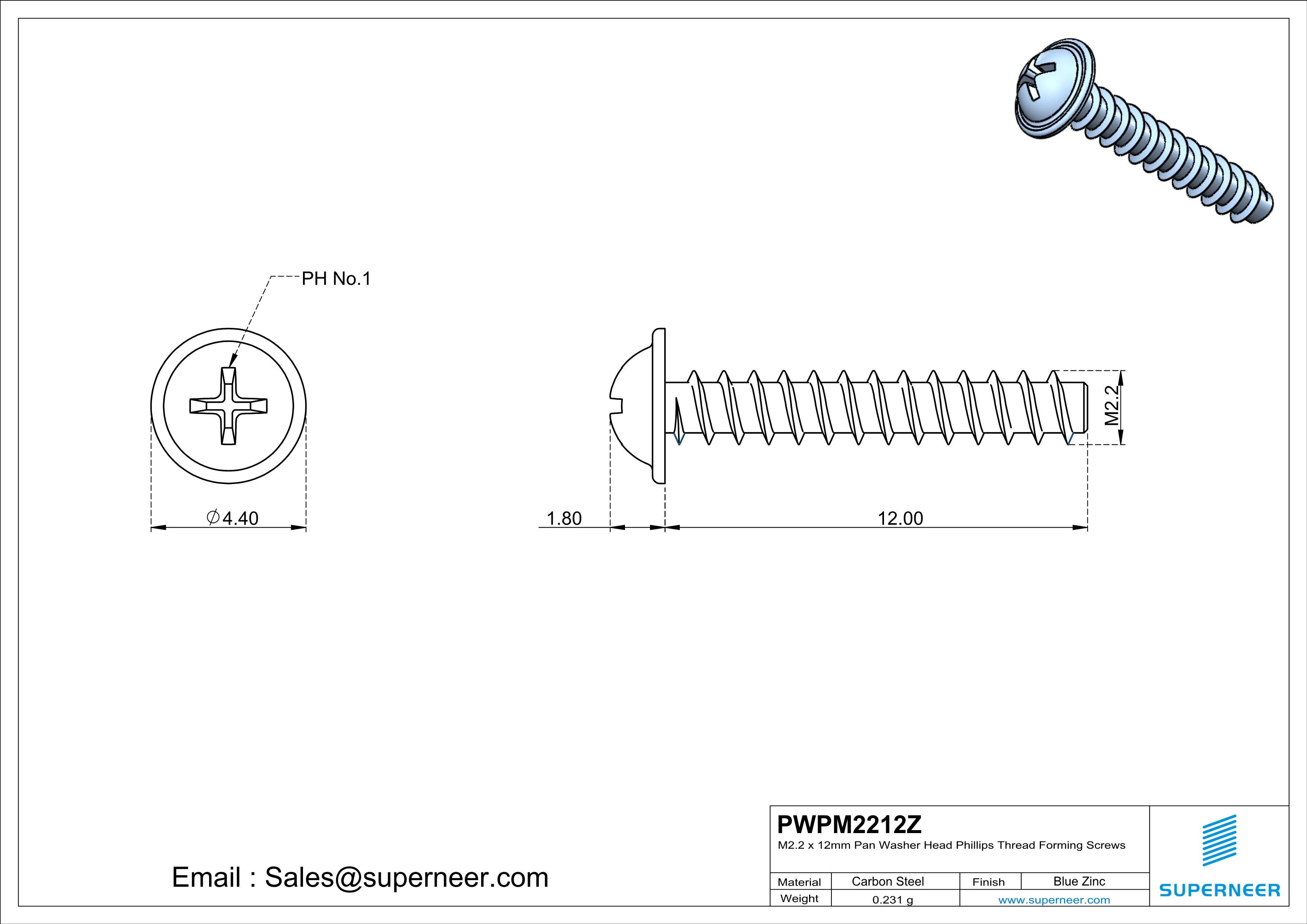 M2.2 × 12mm  Pan Washer Head Phillips Thread Foming Screws for Plastic   Steel Blue Zinc Plated