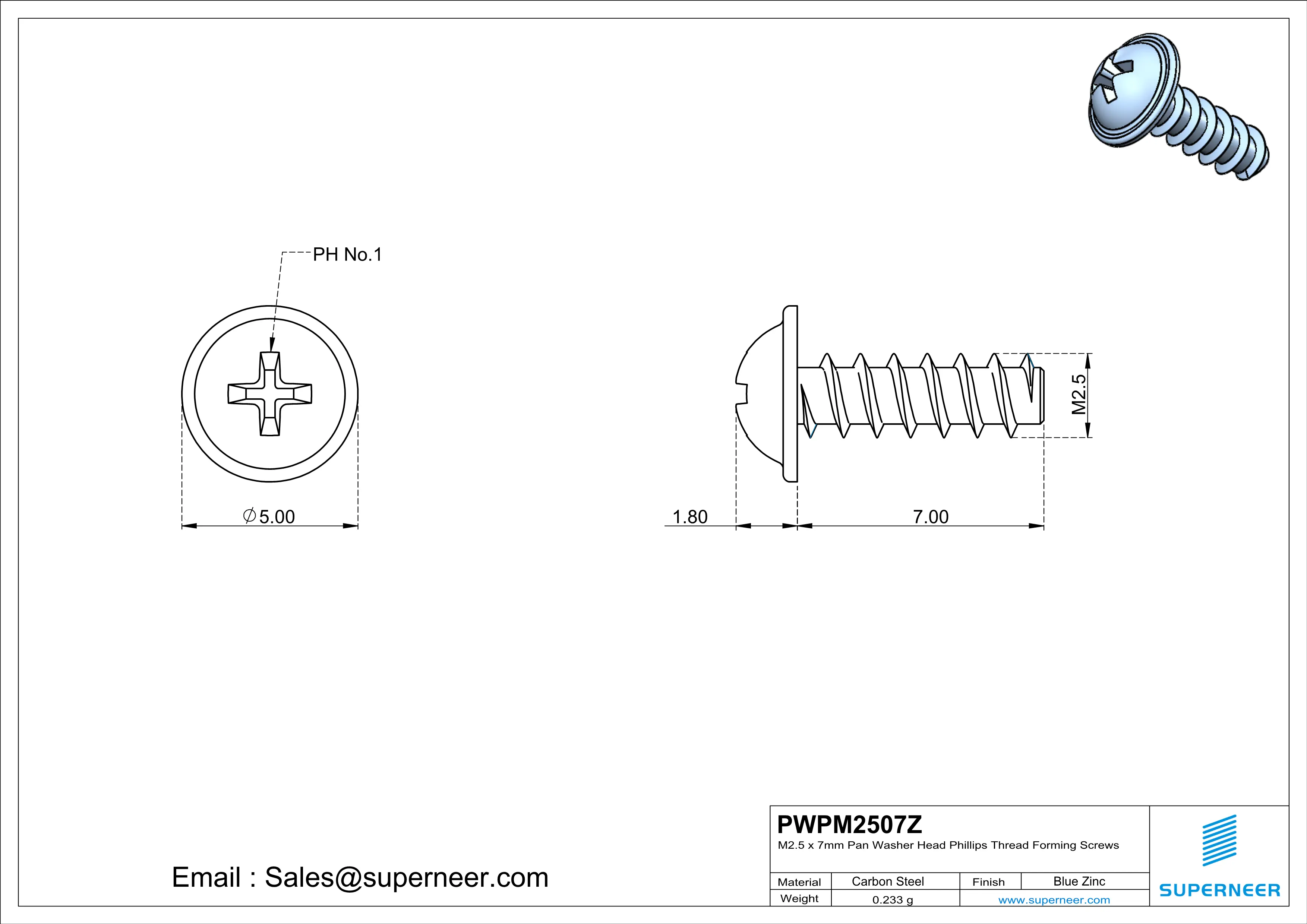 M2.5 × 7mm  Pan Washer Head Phillips Thread Foming Screws for Plastic   Steel Blue Zinc Plated