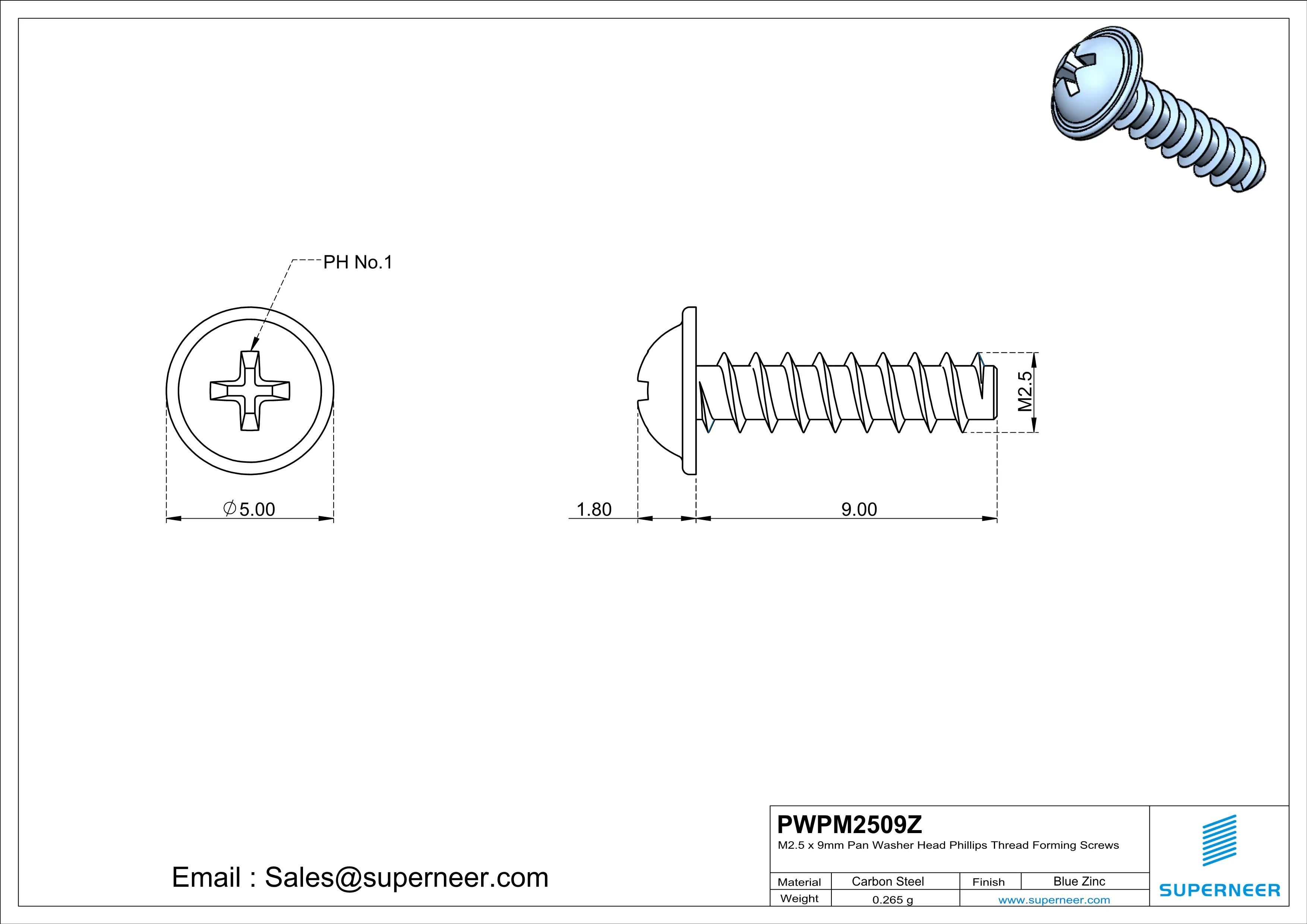 M2.5 × 9mm  Pan Washer Head Phillips Thread Foming Screws for Plastic   Steel Blue Zinc Plated