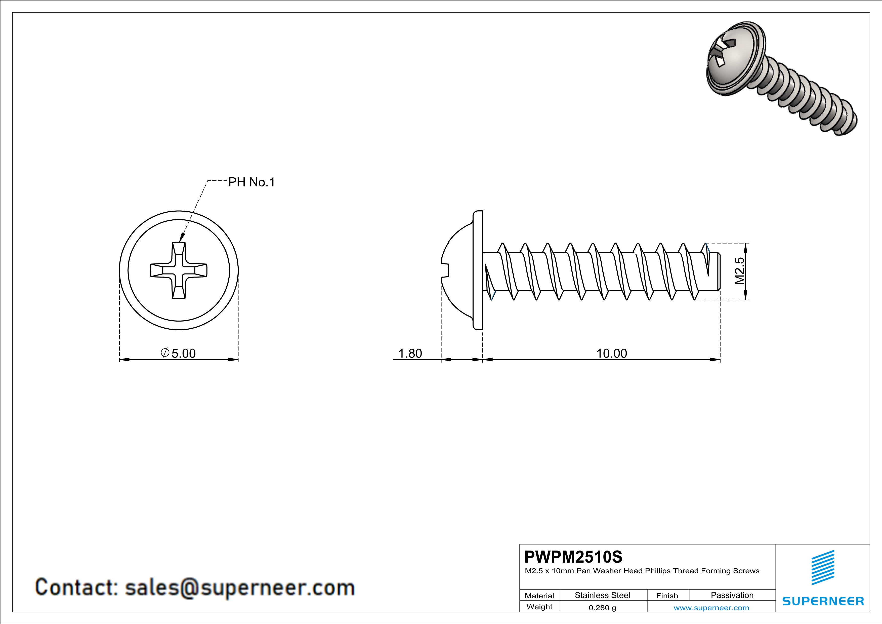 M2.5 × 10mm  Pan Washer Head Phillips Thread Foming Screws for Plastic SUS304 Stainless Steel Inox