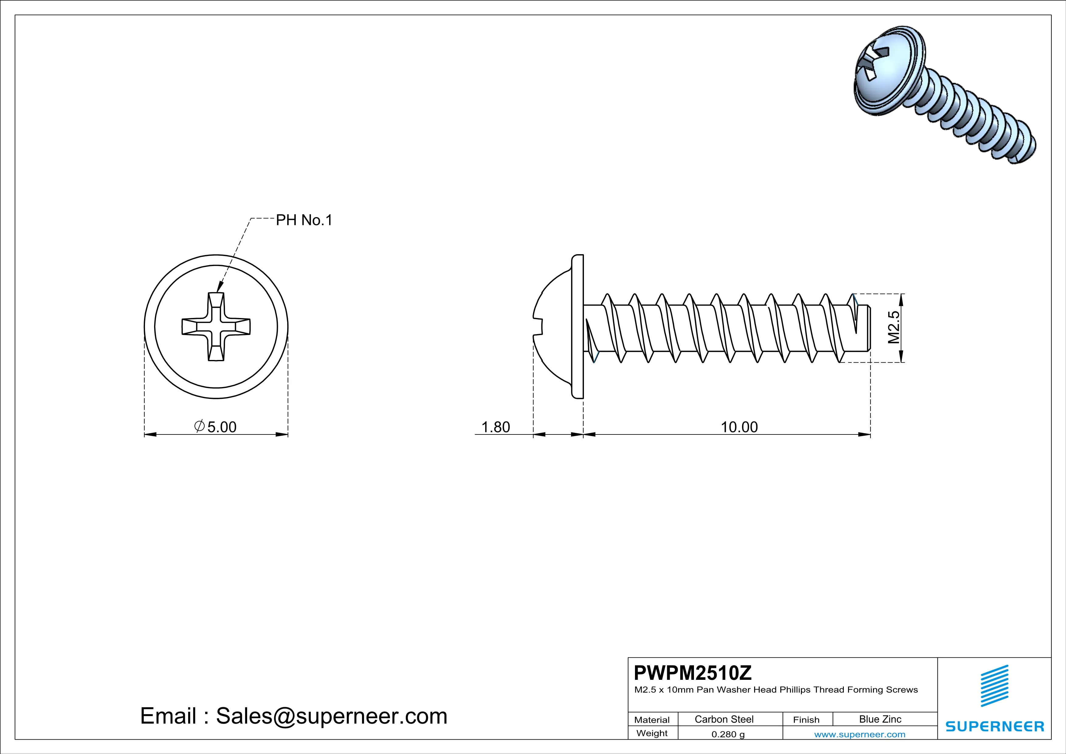 M2.5 × 10mm  Pan Washer Head Phillips Thread Foming Screws for Plastic   Steel Blue Zinc Plated