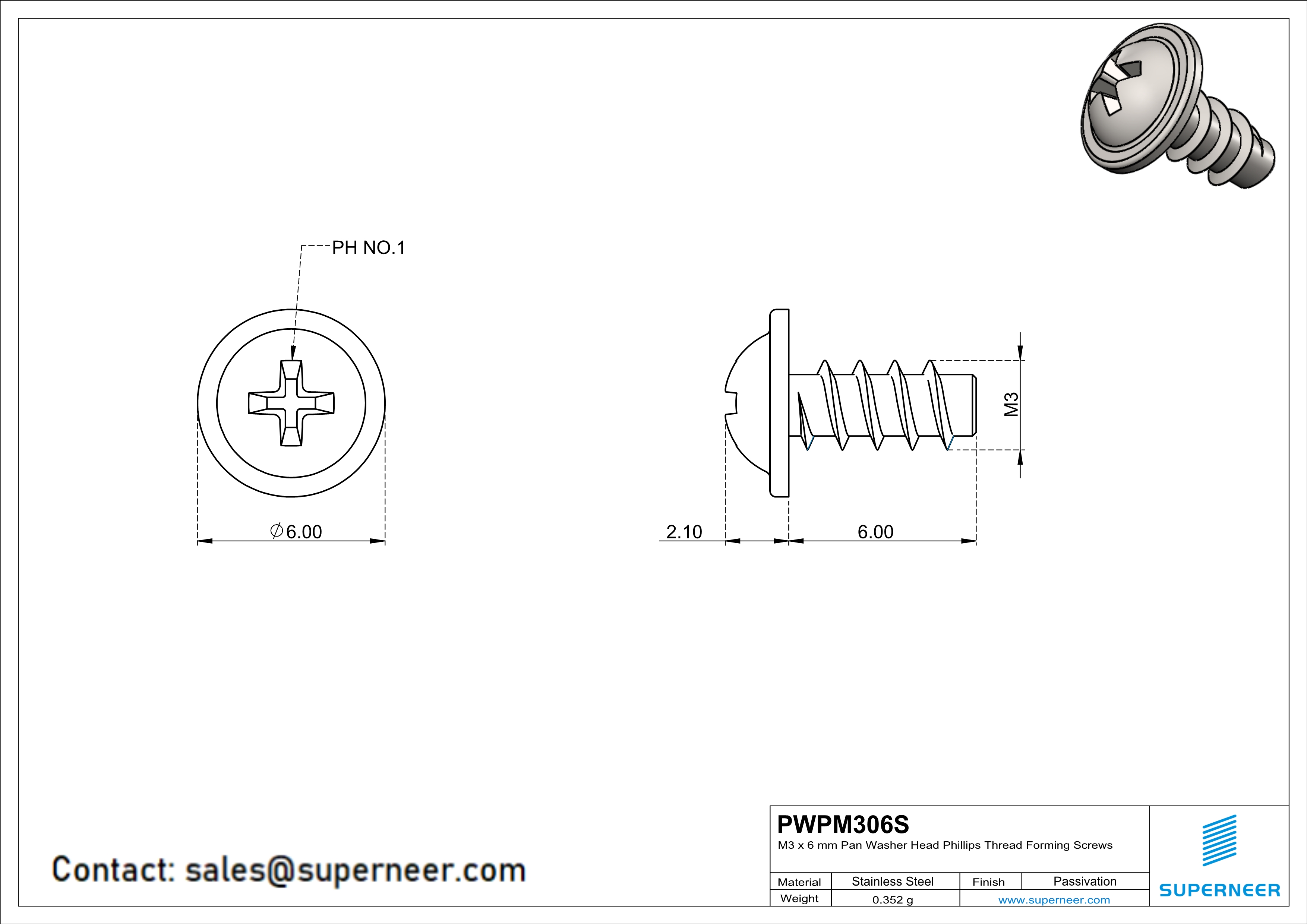 M3 × 6mm  Pan Washer Head Phillips Thread Foming Screws for Plastic SUS304 Stainless Steel Inox