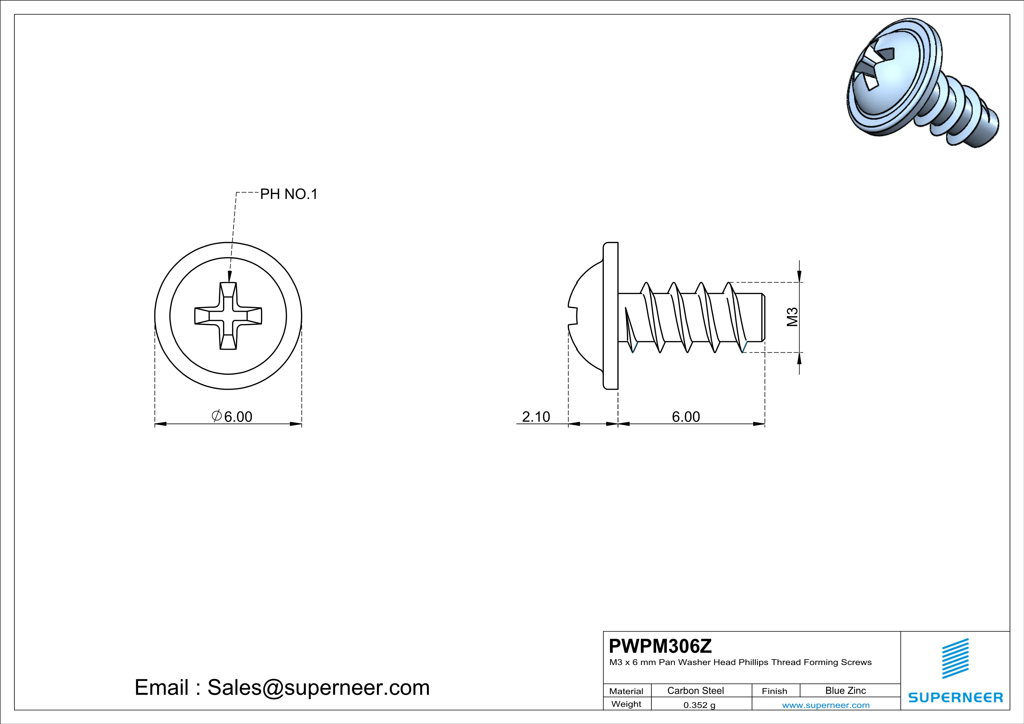 M3 × 6mm  Pan Washer Head Phillips Thread Foming Screws for Plastic   Steel Blue Zinc Plated