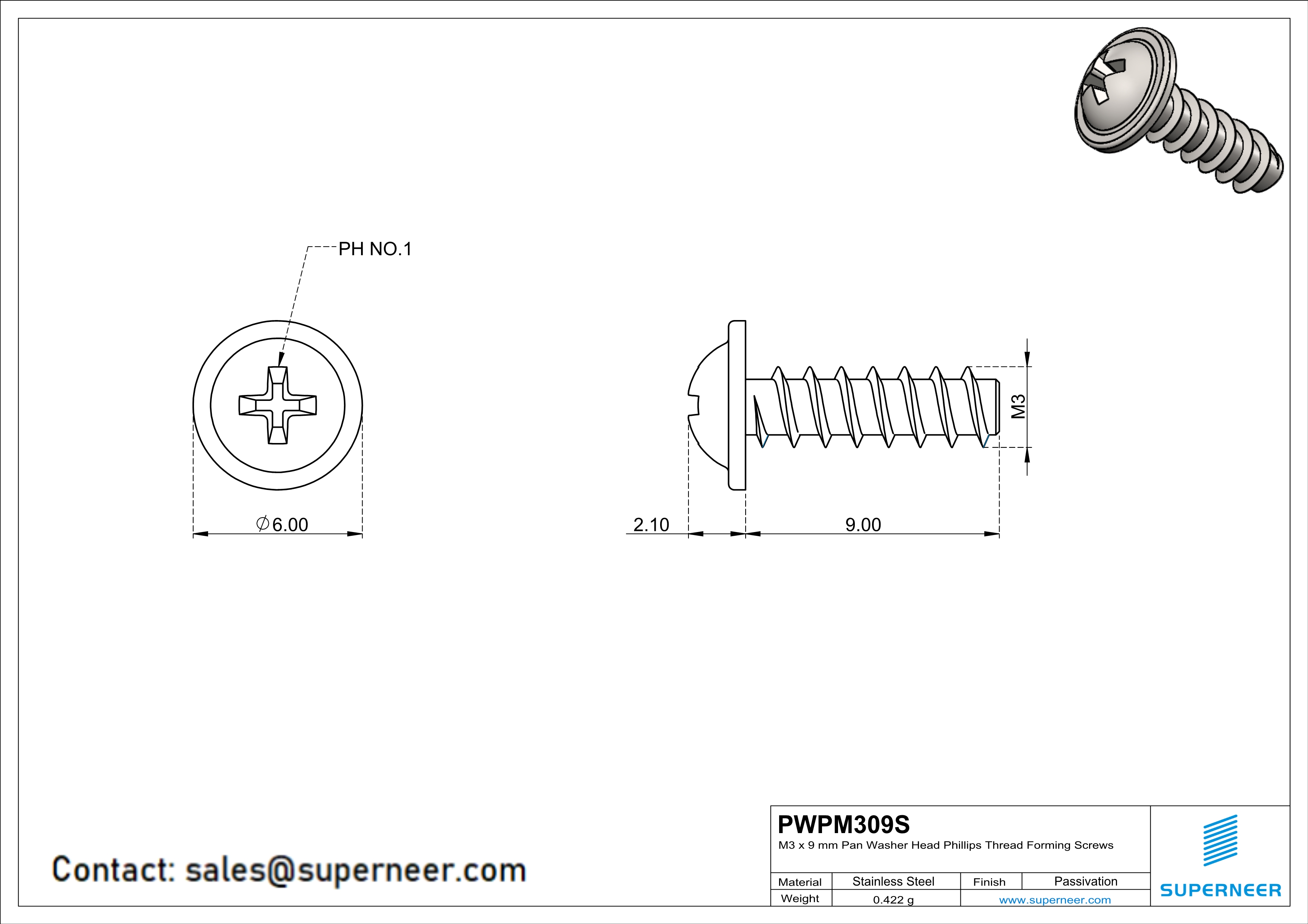 M3 × 9mm  Pan Washer Head Phillips Thread Foming Screws for Plastic SUS304 Stainless Steel Inox