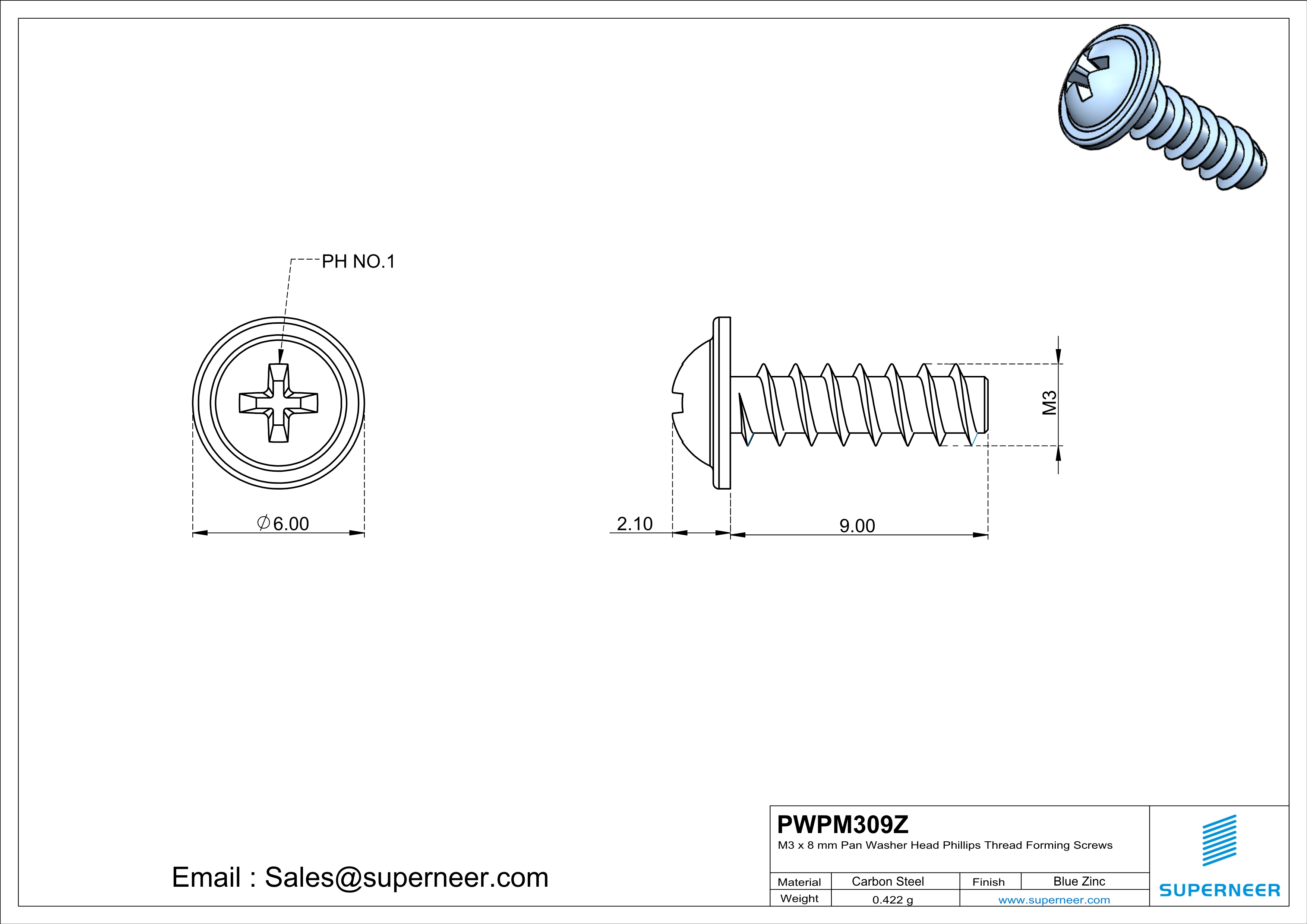 M3 × 9mm  Pan Washer Head Phillips Thread Foming Screws for Plastic   Steel Blue Zinc Plated