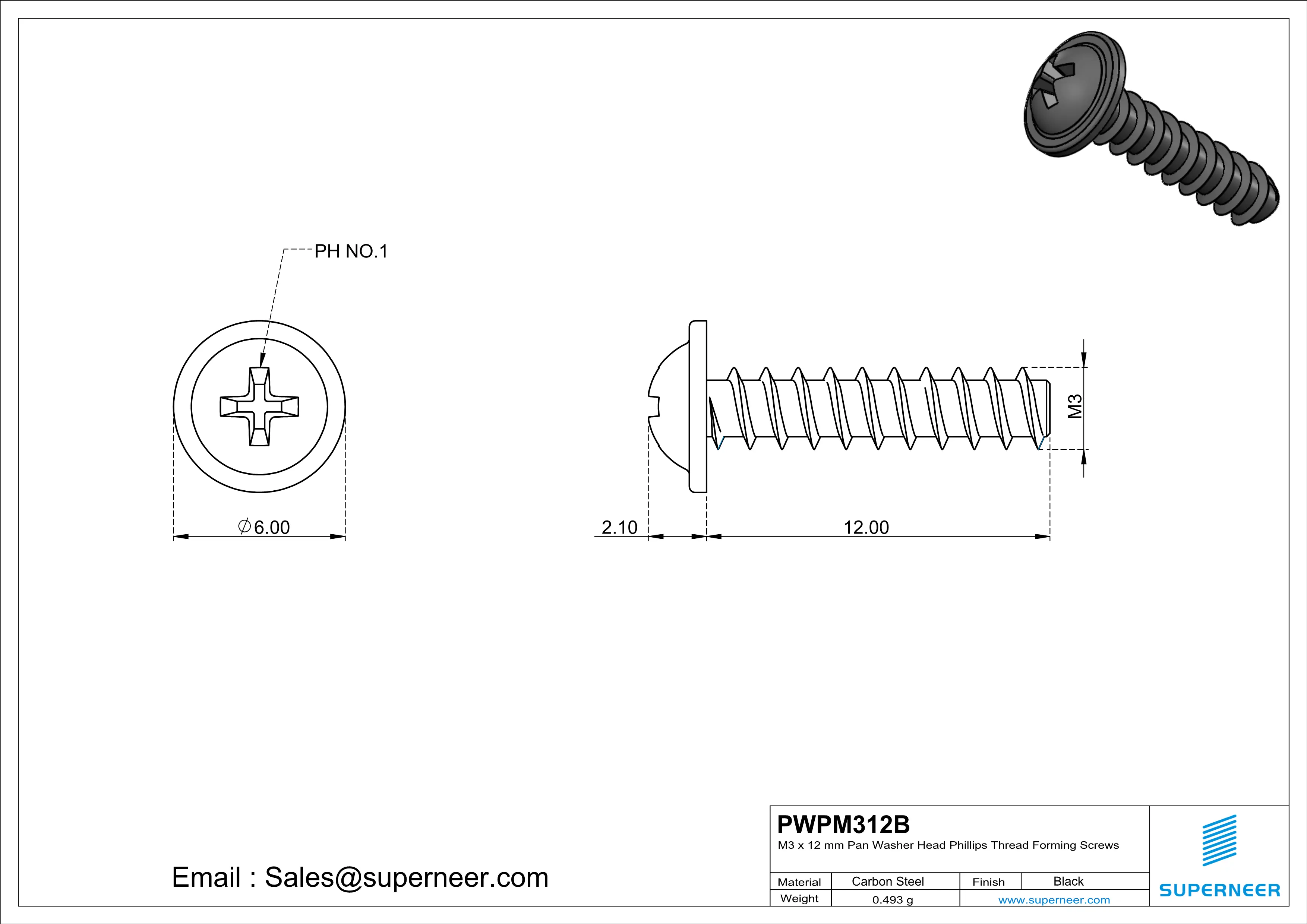 M3 × 12mm  Pan Washer Head Phillips Thread Foming Screws for Plastic   Steel Black