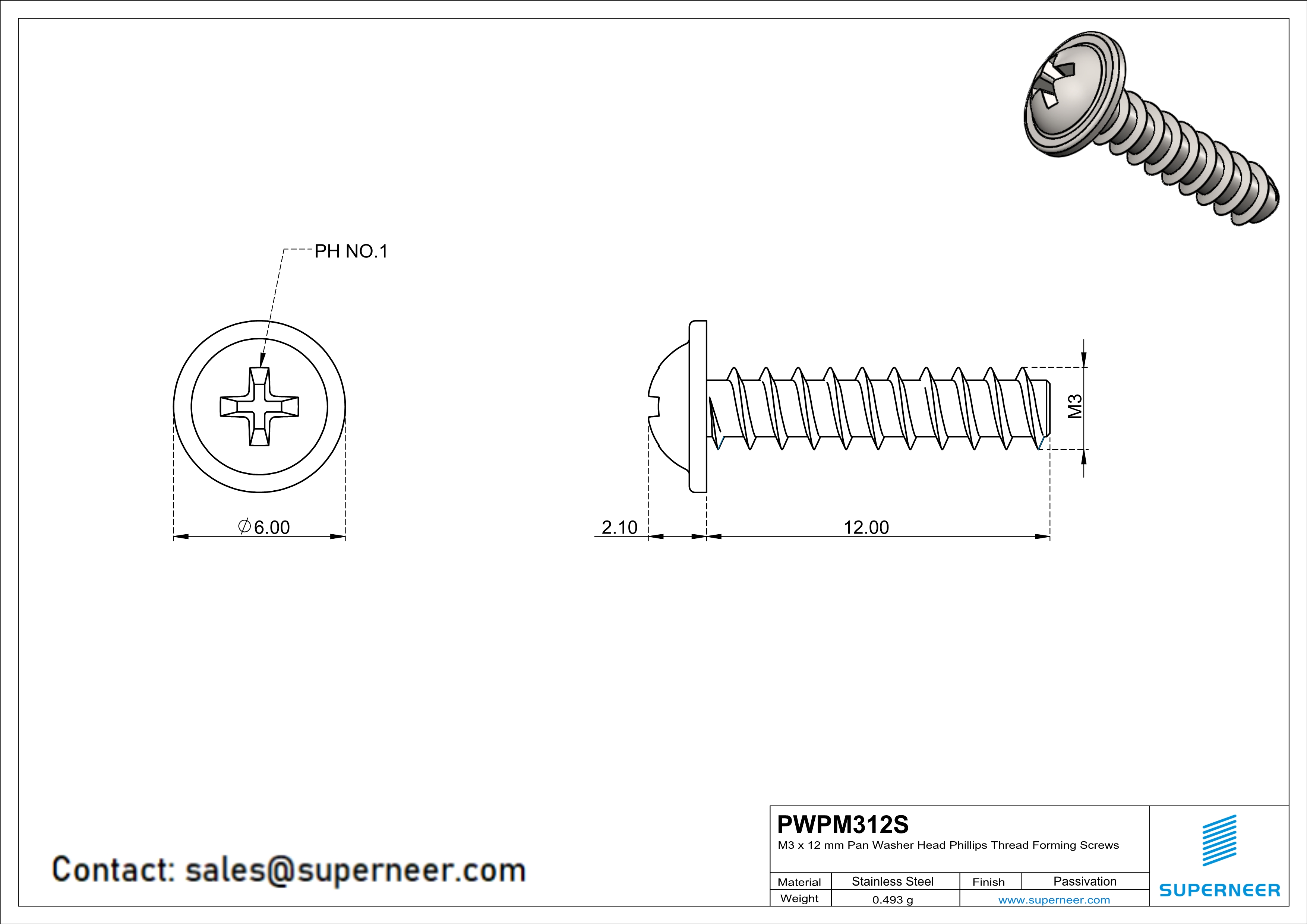 M3 × 12mm  Pan Washer Head Phillips Thread Foming Screws for Plastic SUS304 Stainless Steel Inox