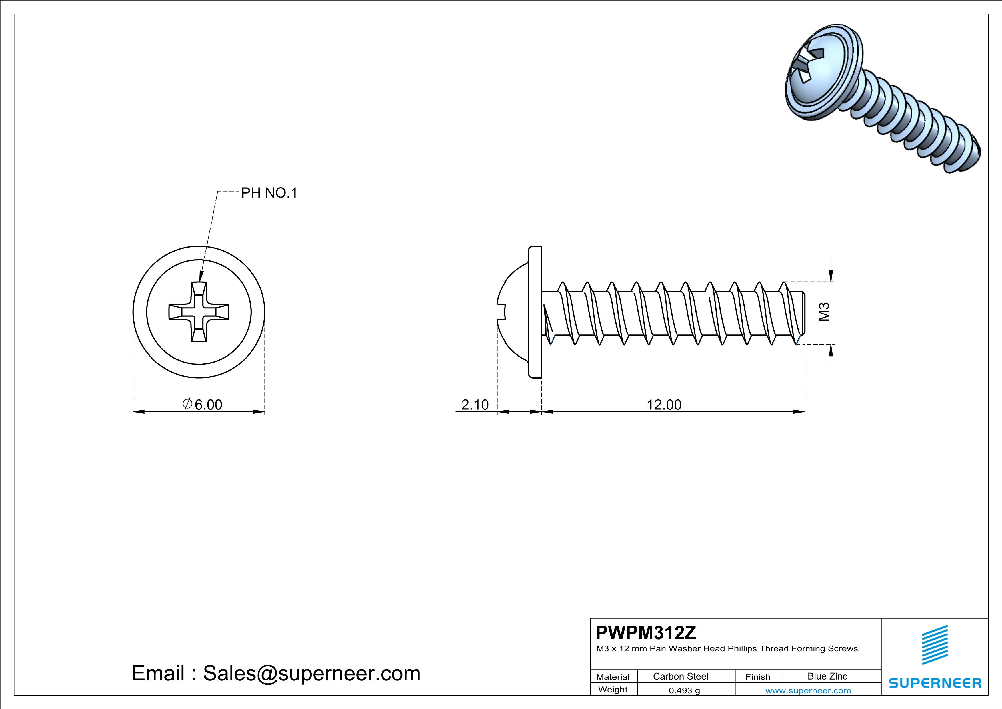 M3 × 12mm  Pan Washer Head Phillips Thread Foming Screws for Plastic   Steel Blue Zinc Plated